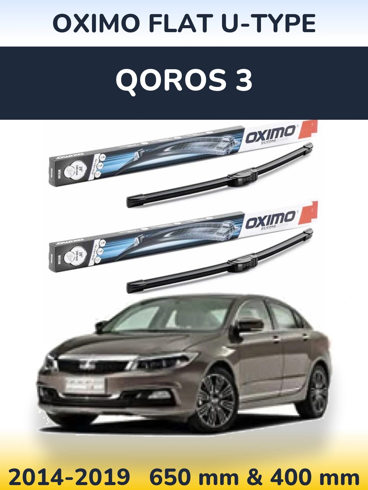 Front wiper blade set Oximo Flat U-type 650 & 400 mm for Qoros 3 2014-2019
