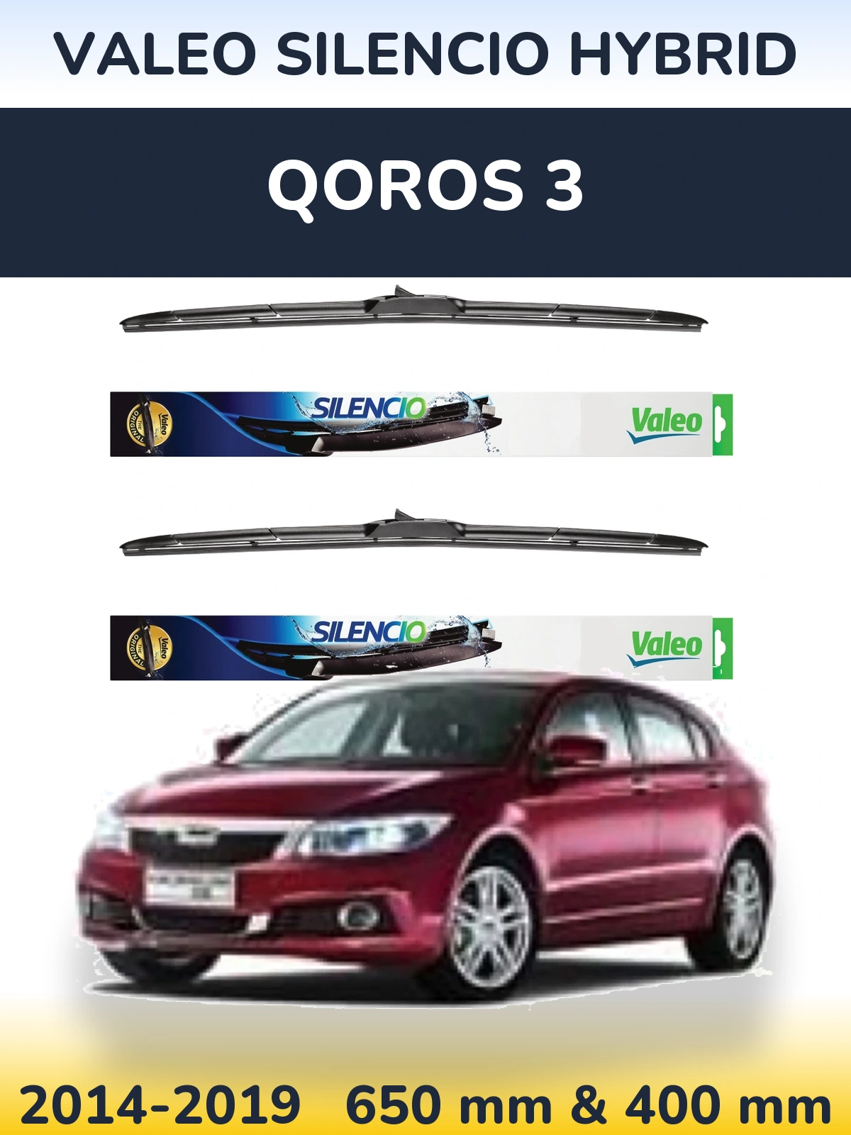 Front wiper blade set Valeo Silencio Hybrid 650 & 400 mm for Qoros 3 2014-2019
