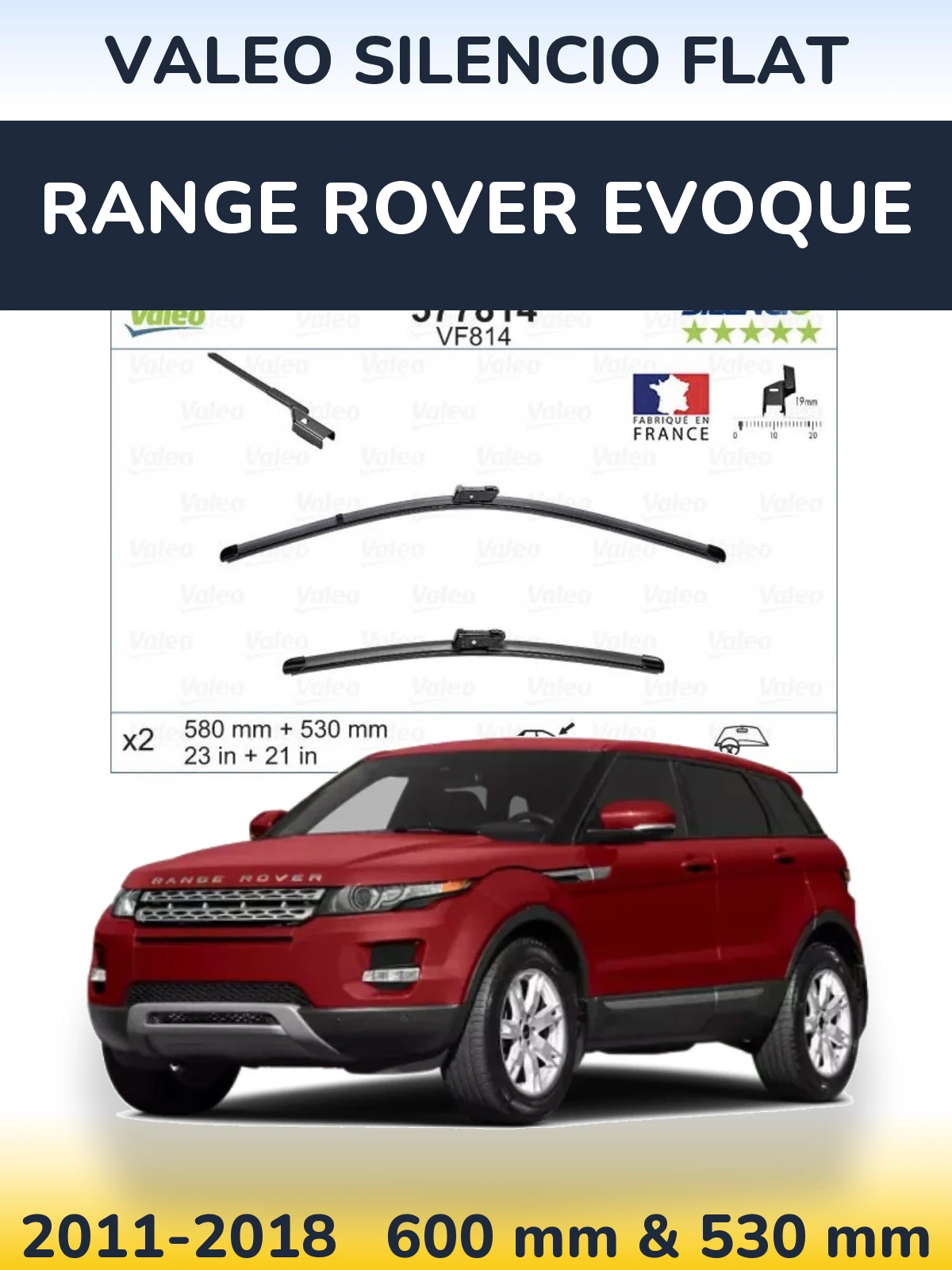 Front wiper blade set Valeo Silencio Flat 580 & 530 mm for Range Rover Evoque 2011-2018