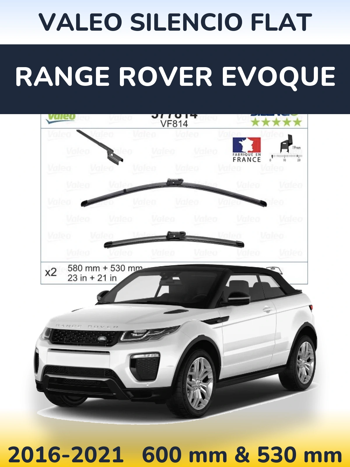 Front wiper blade set Valeo Silencio Flat 580 & 530 mm for Range Rover Evoque 2016-2021