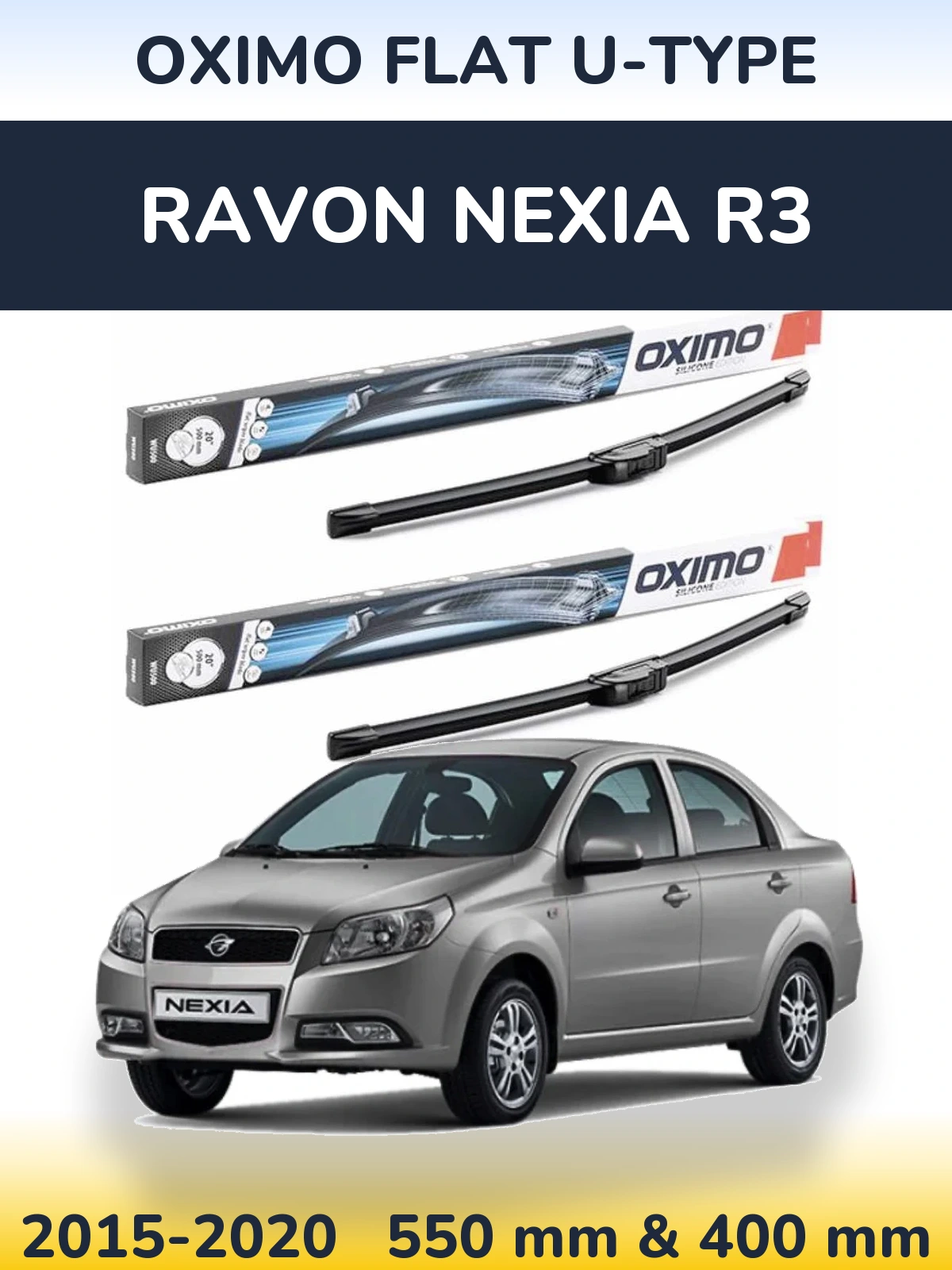 Front wiper blade set Oximo Flat U-type 550 & 400 mm for Ravon Nexia R3 2015-2020