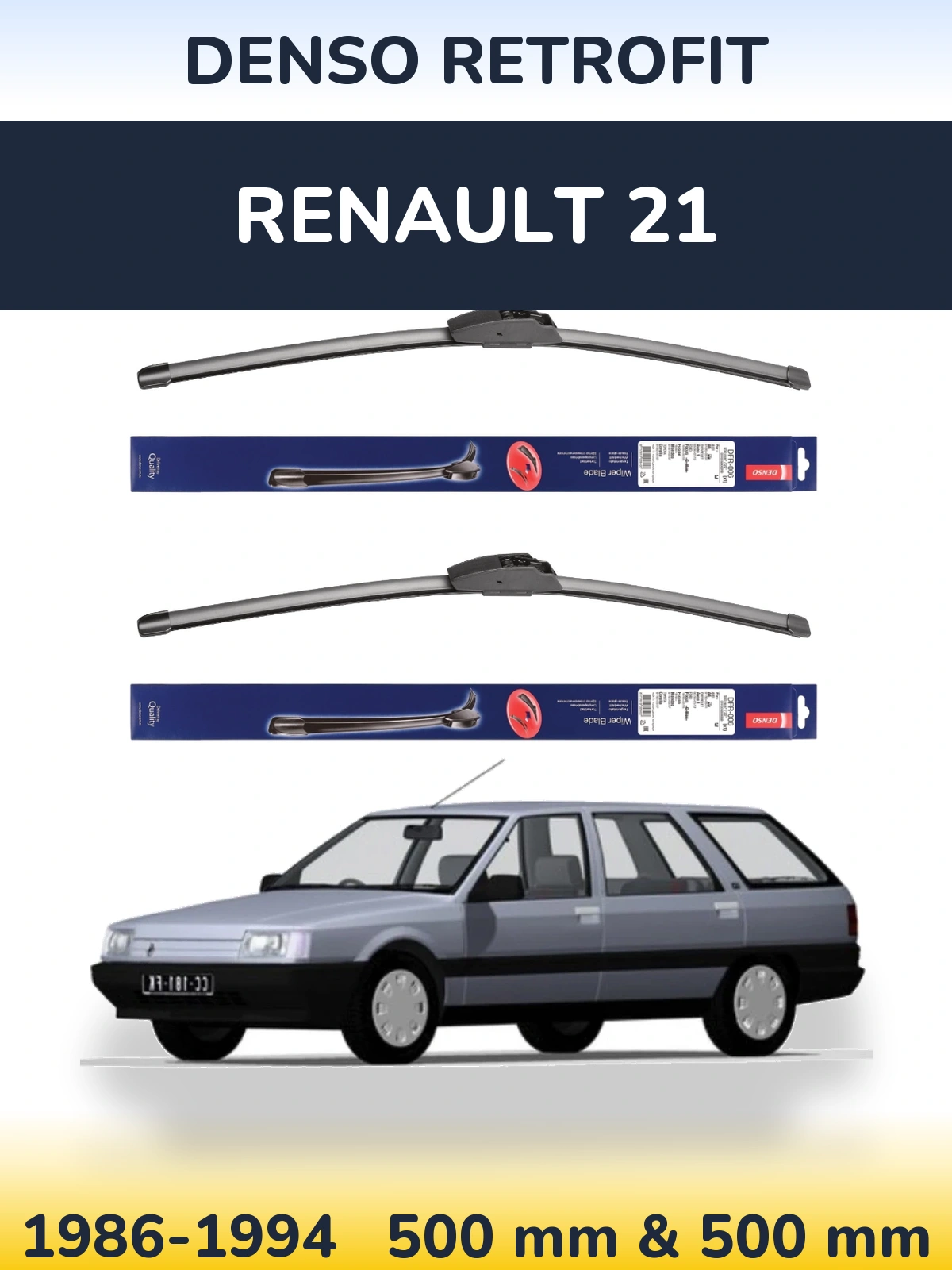 Front wiper blade set Denso Retrofit 500 & 500 mm for Renault 21 1986-1994