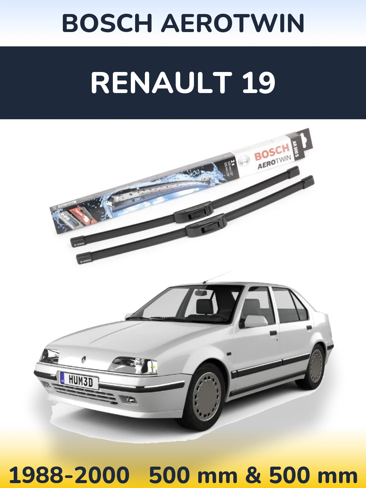 Front wiper blade set BOSCH AeroTwin 500 & 500 mm for Renault 19 1988-2000