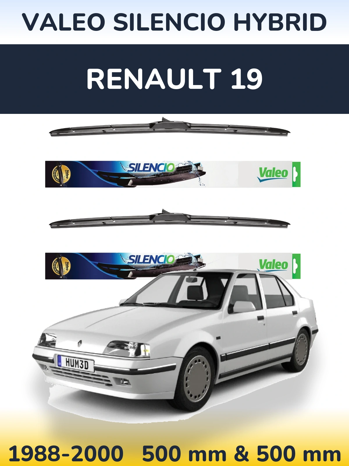 Front wiper blade set Valeo Silencio Hybrid 500 & 500 mm for Renault 19 1988-2000