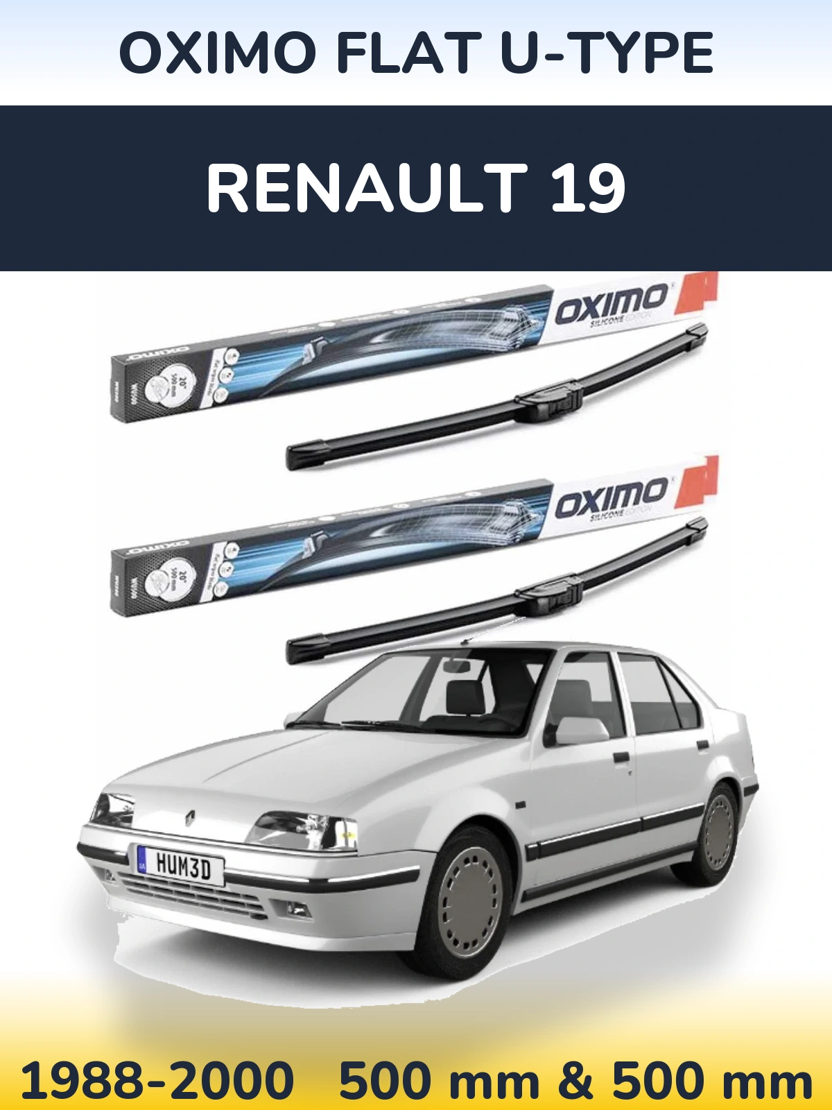 Front wiper blade set Oximo Flat U-type 500 & 500 mm for Renault 19 1988-2000
