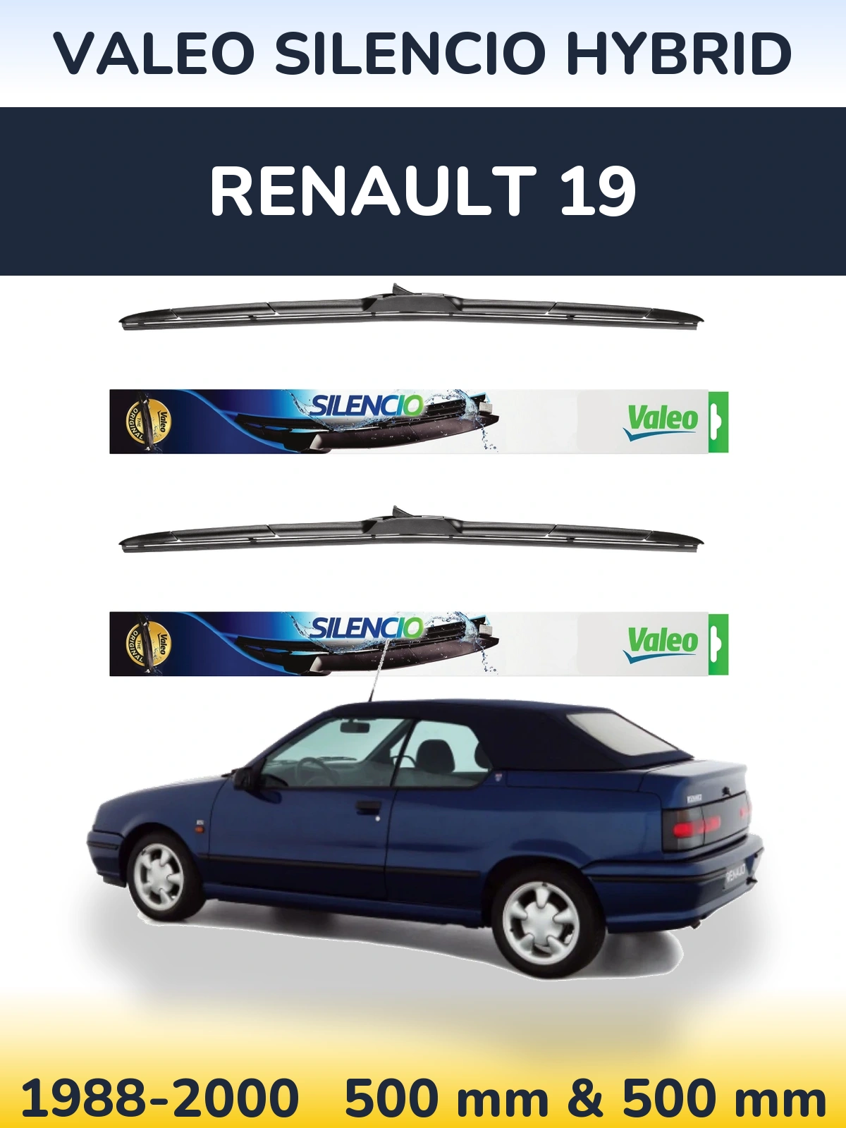 Front wiper blade set Valeo Silencio Hybrid 500 & 500 mm for Renault 19 1988-2000