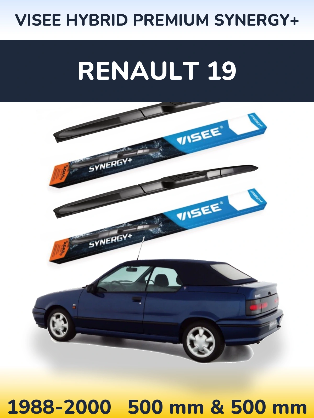 Front wiper blade set VISEE HYBRID PREMIUM SYNERGY+ 500 & 500 mm for Renault 19 1988-2000