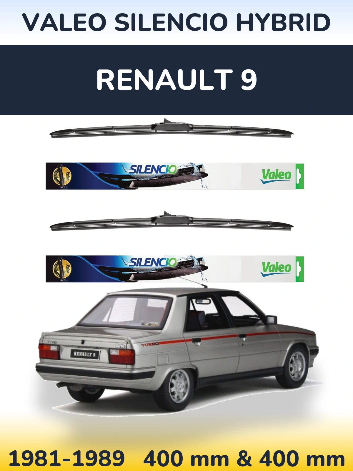 Front wiper blade set Valeo Silencio Hybrid 400 & 400 mm for Renault 9 1981-1989