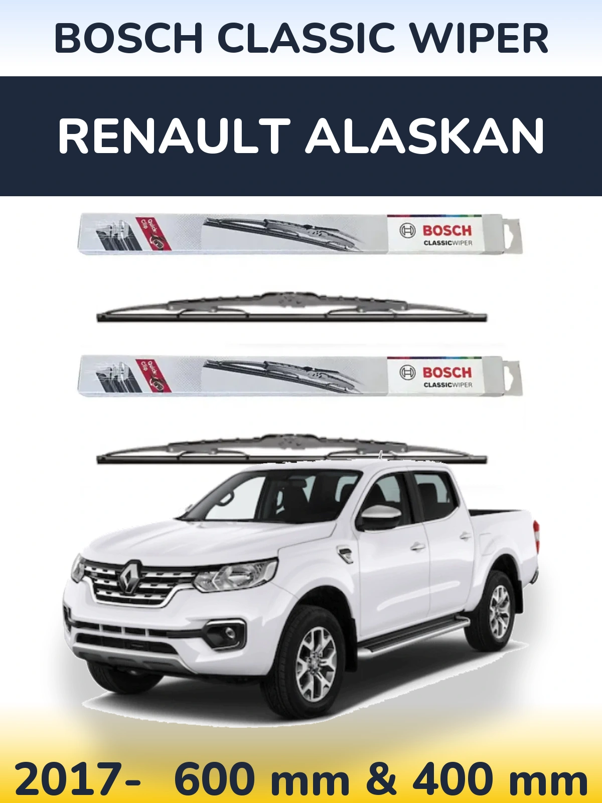 Front wiper blade set BOSCH Classic Wiper 600 & 400 mm for Renault Alaskan 2017-2026