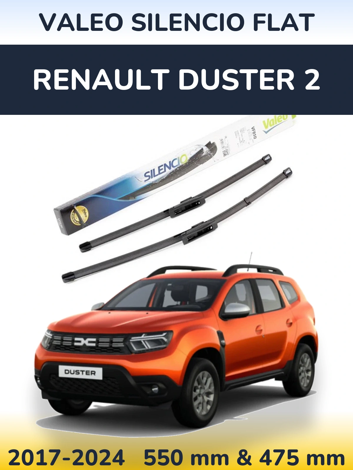 Front wiper blade set Valeo Silencio Flat 550 & 475 mm for Renault Duster 2 2017-2024