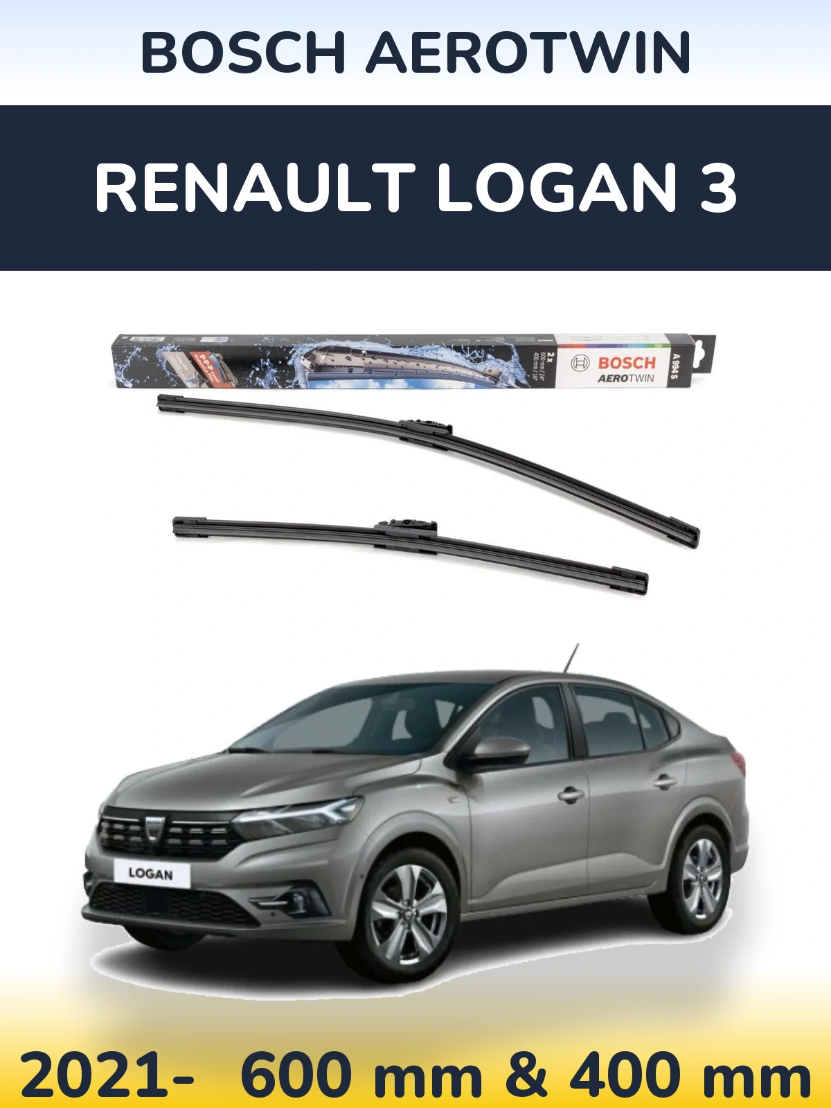 Front wiper blade set BOSCH AeroTwin 600 & 400 mm for Renault Logan 3 2021-2026
