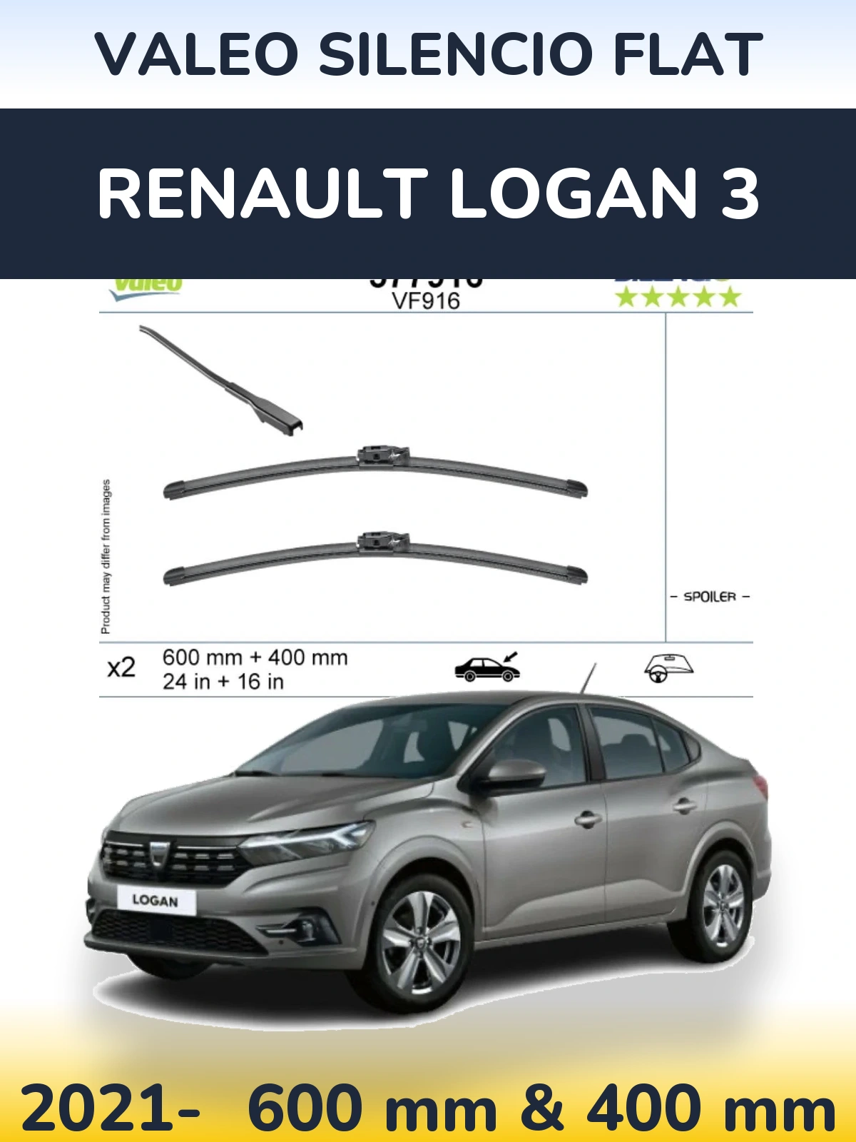 Front wiper blade set Valeo Silencio Flat 600 & 400 mm for Renault Logan 3 2021-2026