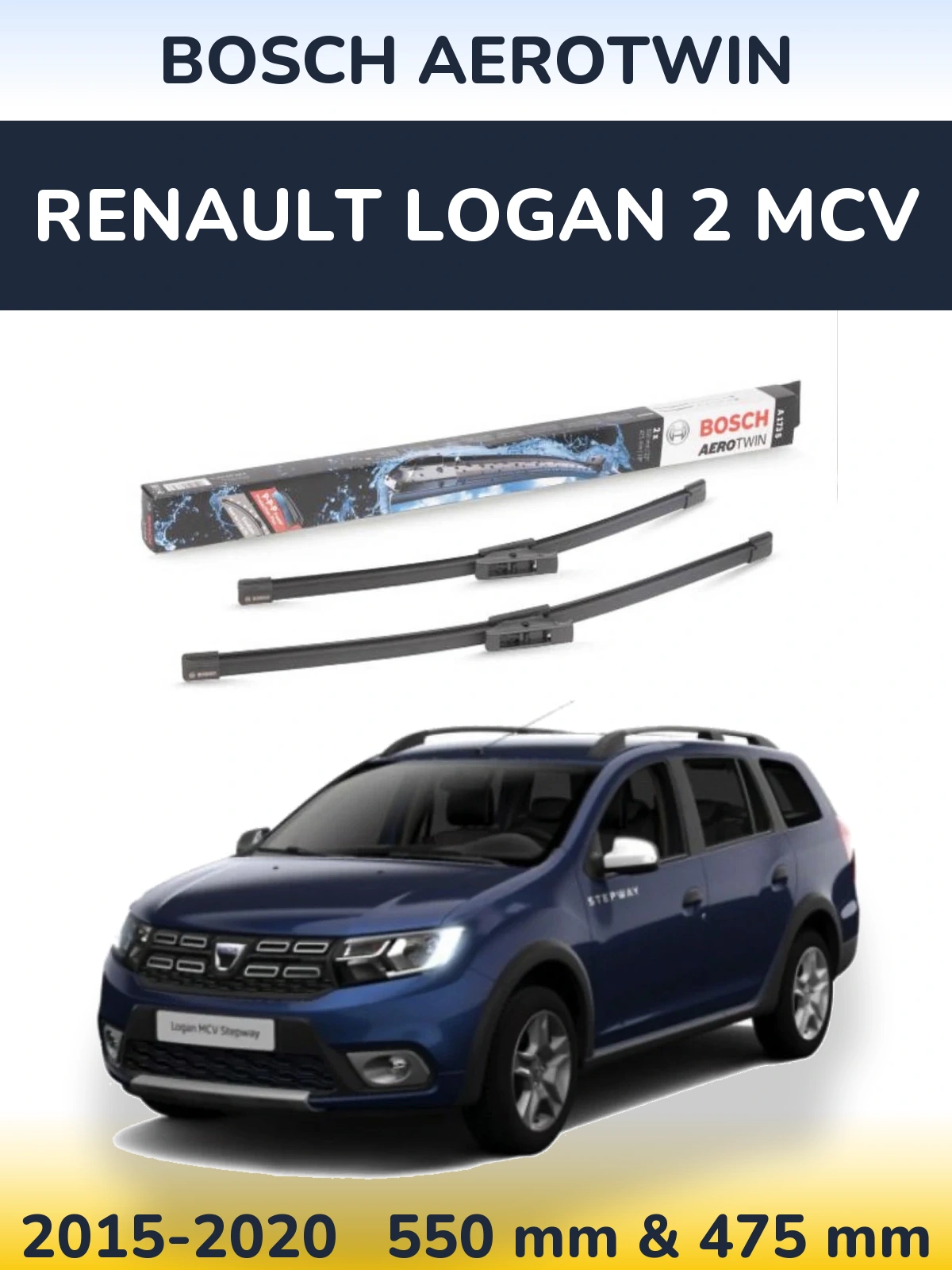 Front wiper blade set BOSCH AeroTwin 550 & 475 mm for Renault Logan 2 MCV 2015-2020