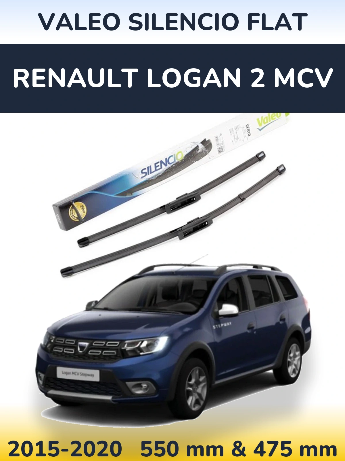 Front wiper blade set Valeo Silencio Flat 550 & 475 mm for Renault Logan 2 MCV 2015-2020