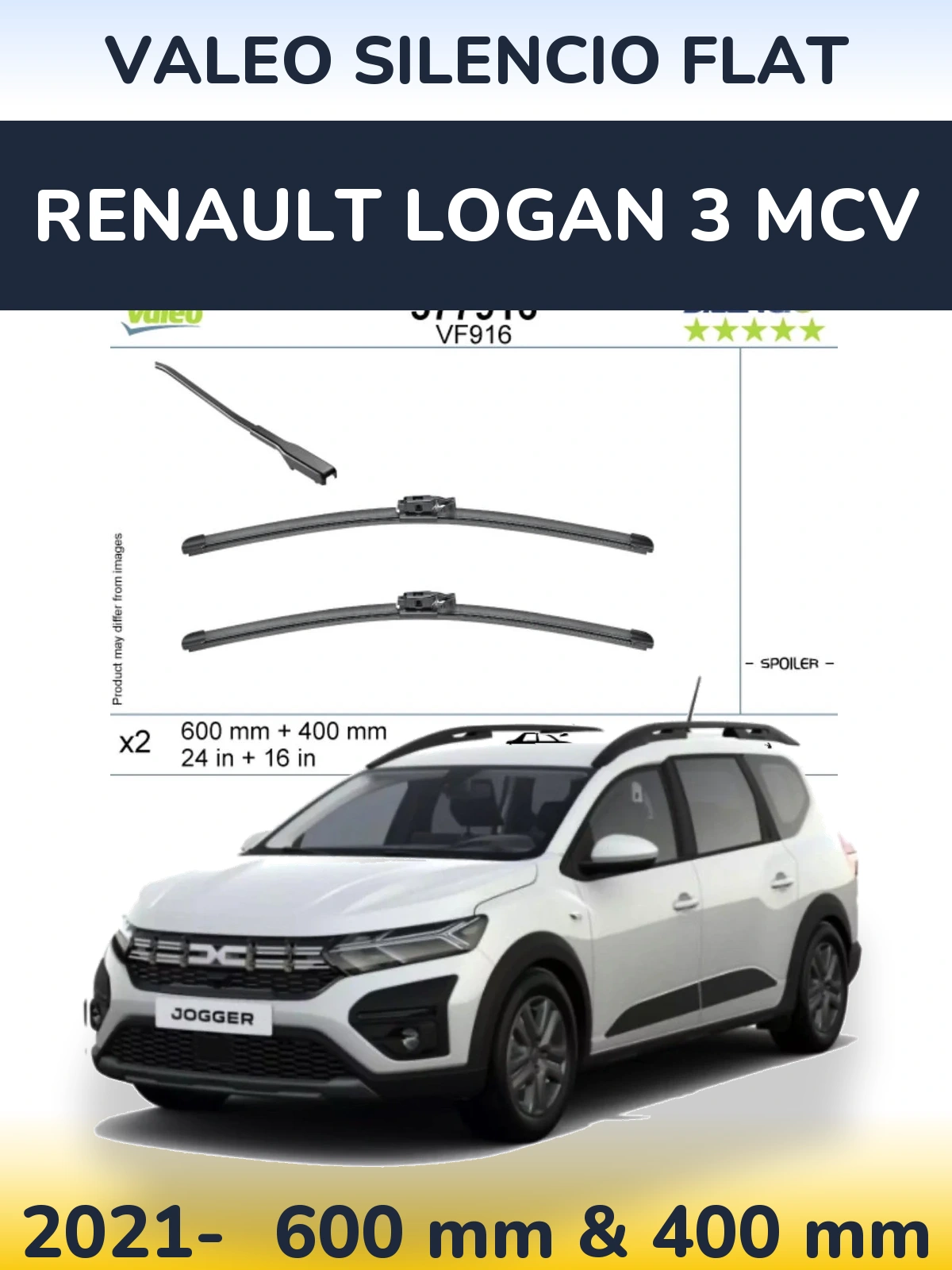 Front wiper blade set Valeo Silencio Flat 600 & 400 mm for Renault Logan 3 MCV 2021-2026