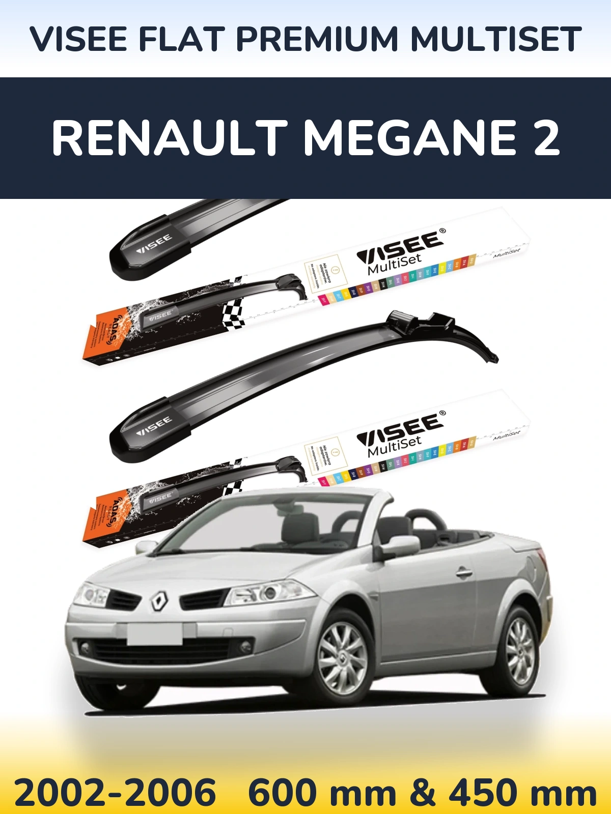 Front wiper blade set VISEE FLAT PREMIUM MultiSet 600 & 450 mm for Renault Megane 2 2002-2006