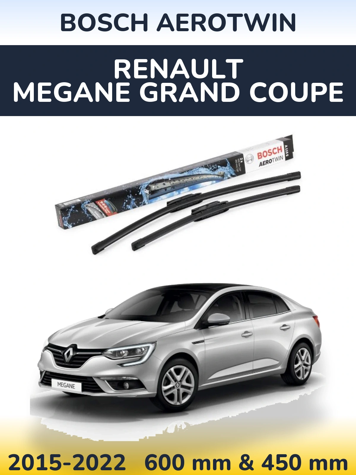 Комплект передних дворников BOSCH AeroTwin 600 & 450 мм для Renault Megane Grand Coupe 2015-2022