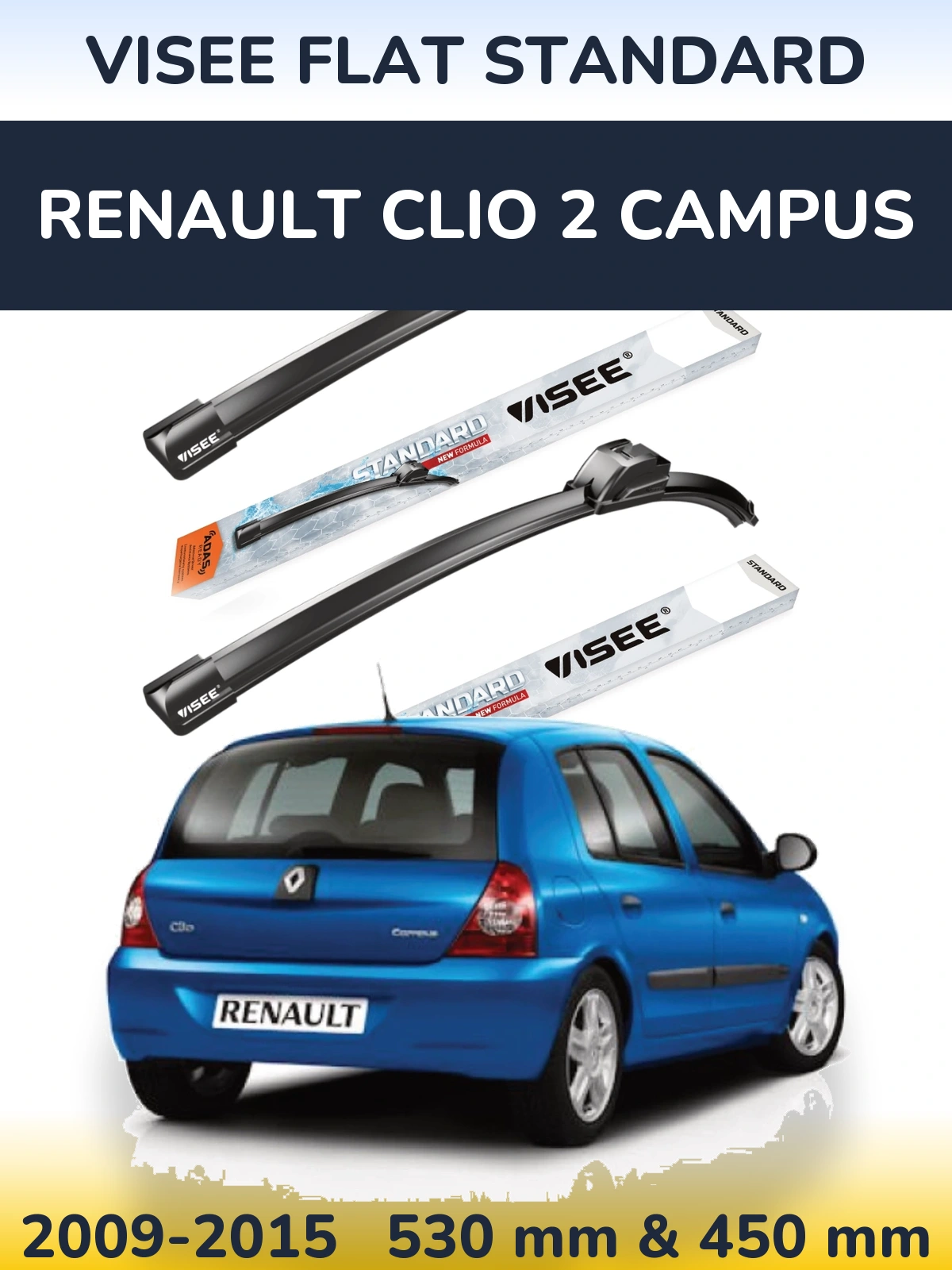 Комплект передних дворников VISEE FLAT STANDARD 530 & 450 мм для Renault Clio 2 Campus 2009-2015