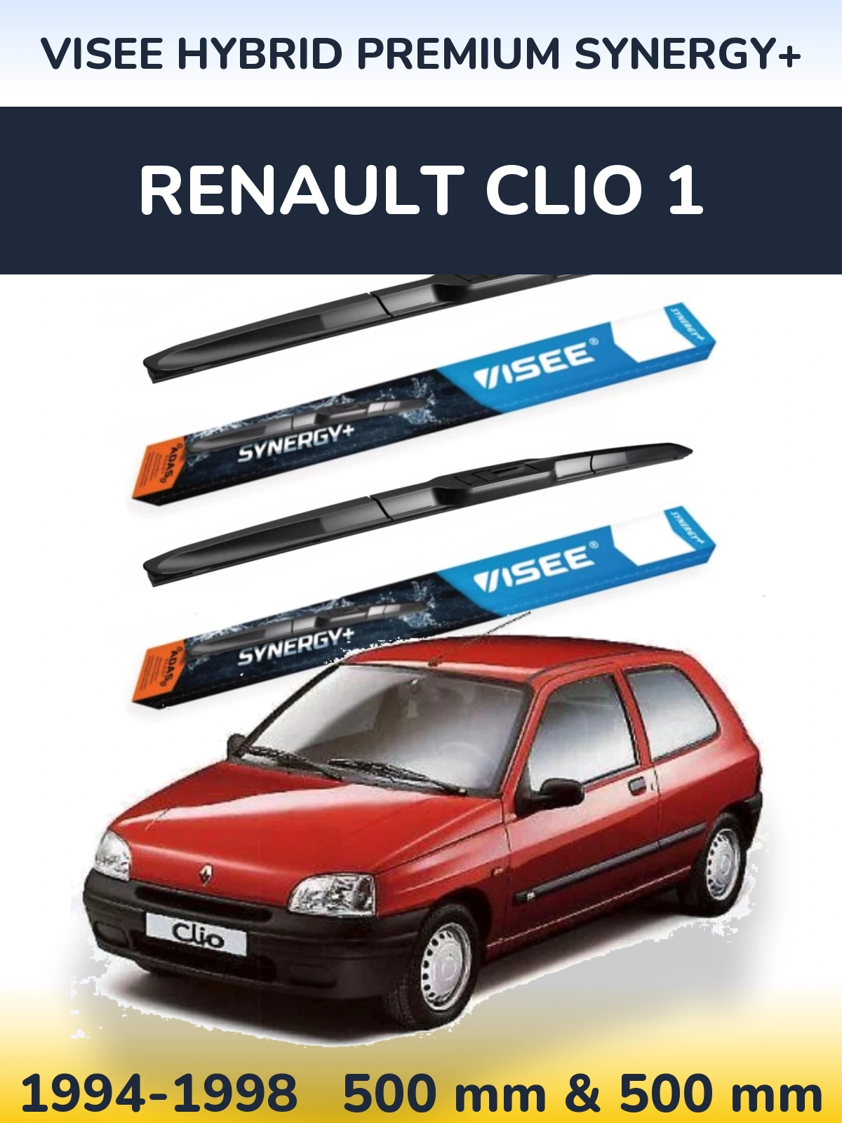 Front wiper blade set VISEE HYBRID PREMIUM SYNERGY+ 500 & 500 mm for Renault Clio 1 1994-1998