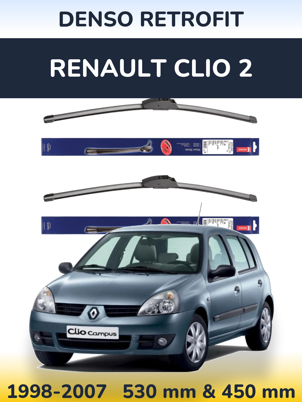 Front wiper blade set Denso Retrofit 530 & 450 mm for Renault Clio 2 1998-2007