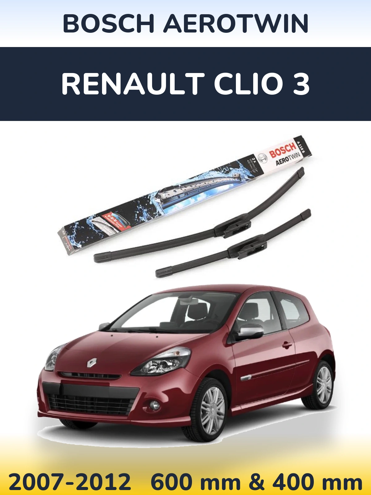 Front wiper blade set BOSCH AeroTwin 600 & 400 mm for Renault Clio 3 2007-2012