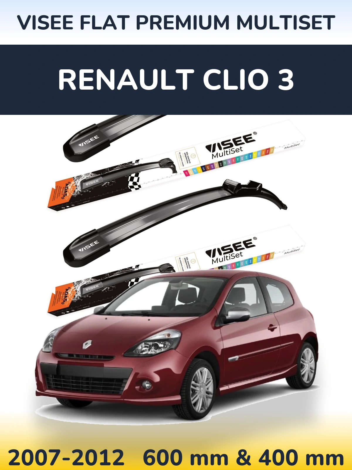 Комплект передних дворников VISEE FLAT PREMIUM MultiSet 600 & 400 мм для Renault Clio 3 2007-2012