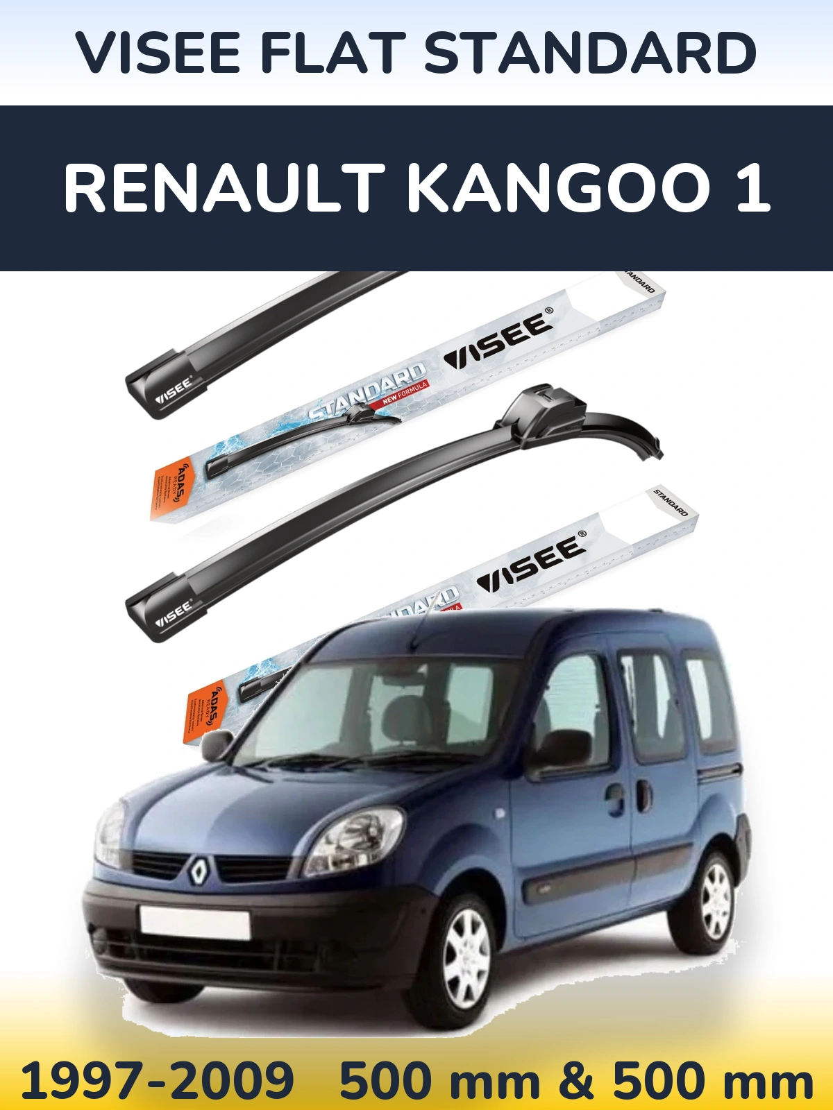 Front wiper blade set VISEE FLAT STANDARD 500 & 500 mm for Renault Kangoo 1 1997-2009