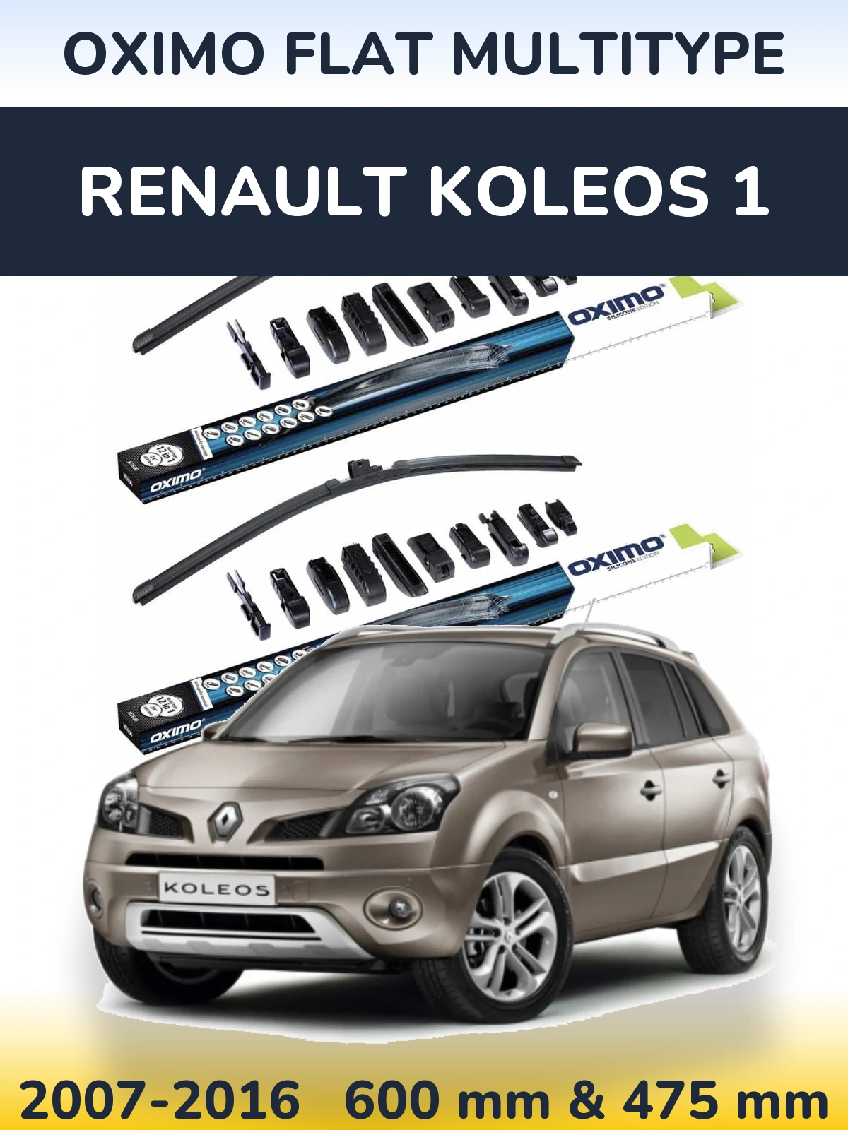 Front wiper blade set Oximo Flat MultiTipse 600 & 475 mm for Renault Koleos 1 2007-2016