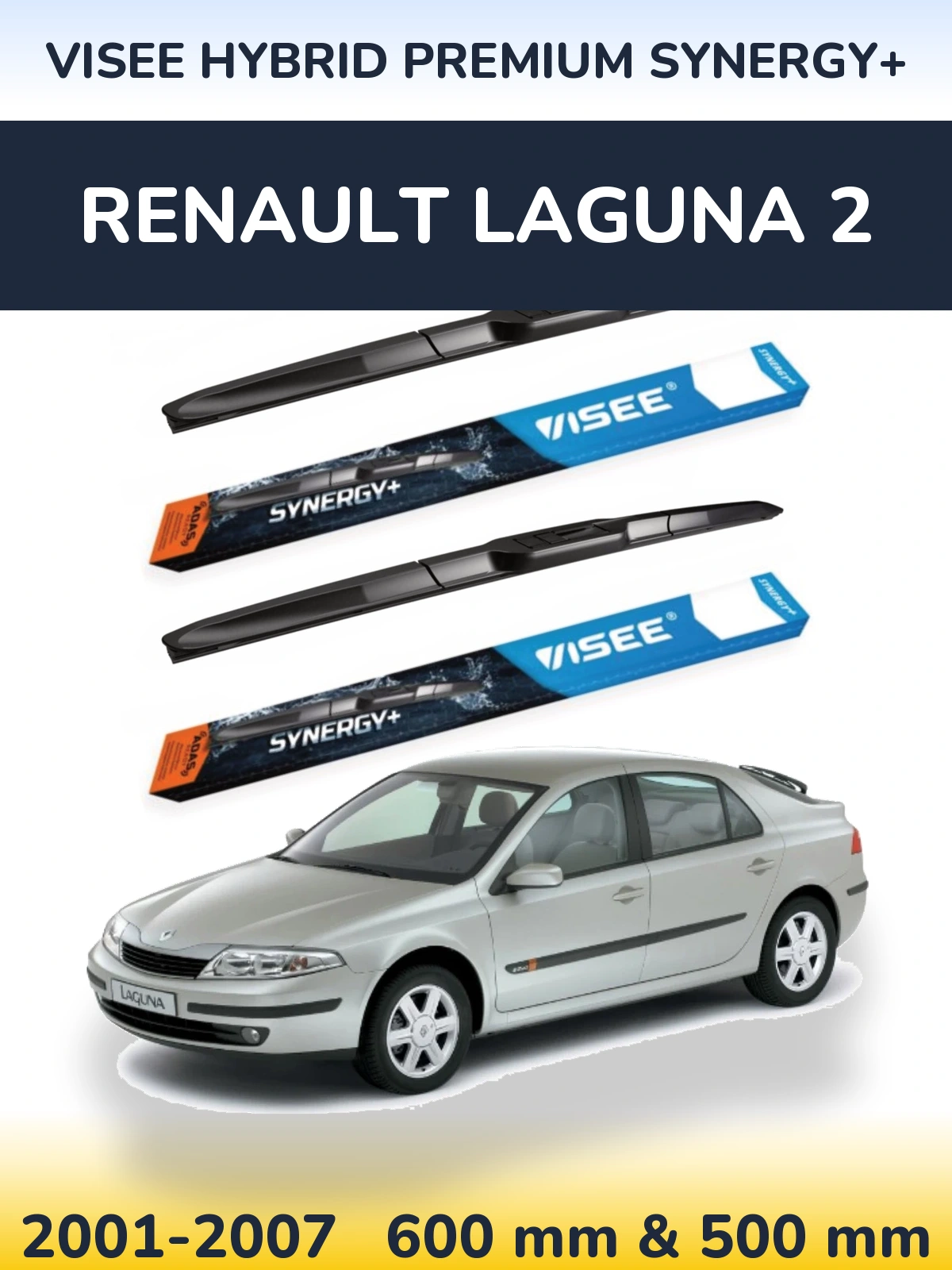 Front wiper blade set VISEE HYBRID PREMIUM SYNERGY+ 600 & 500 mm for Renault Laguna 2 2001-2007