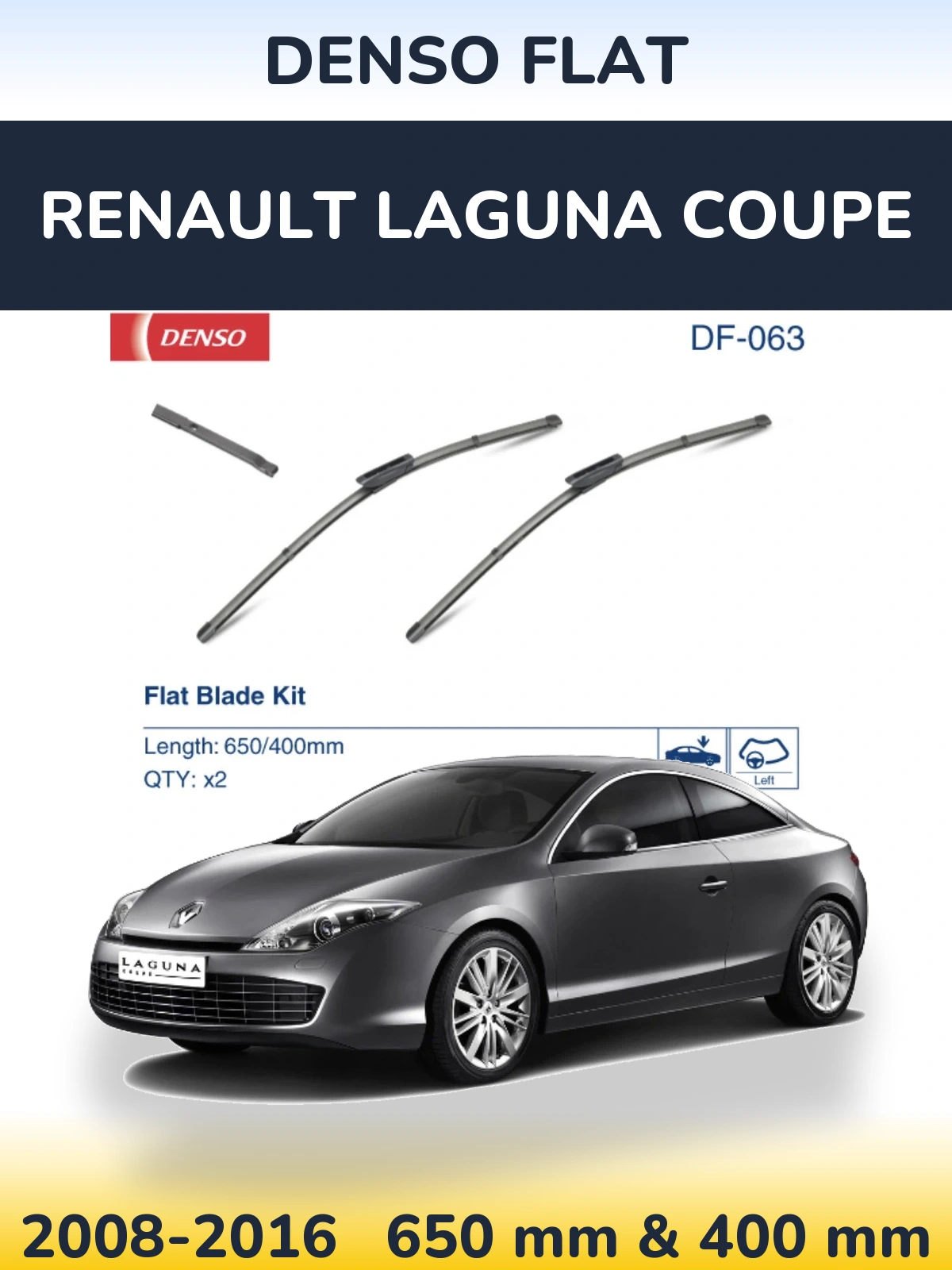 Front wiper blade set Denso Flat 650 & 400 mm for Renault Laguna Coupe 2008-2016