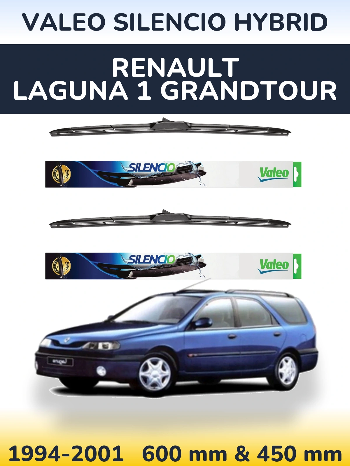 Front wiper blade set Valeo Silencio Hybrid 600 & 450 mm for Renault Laguna 1 Grandtour 1994-2001