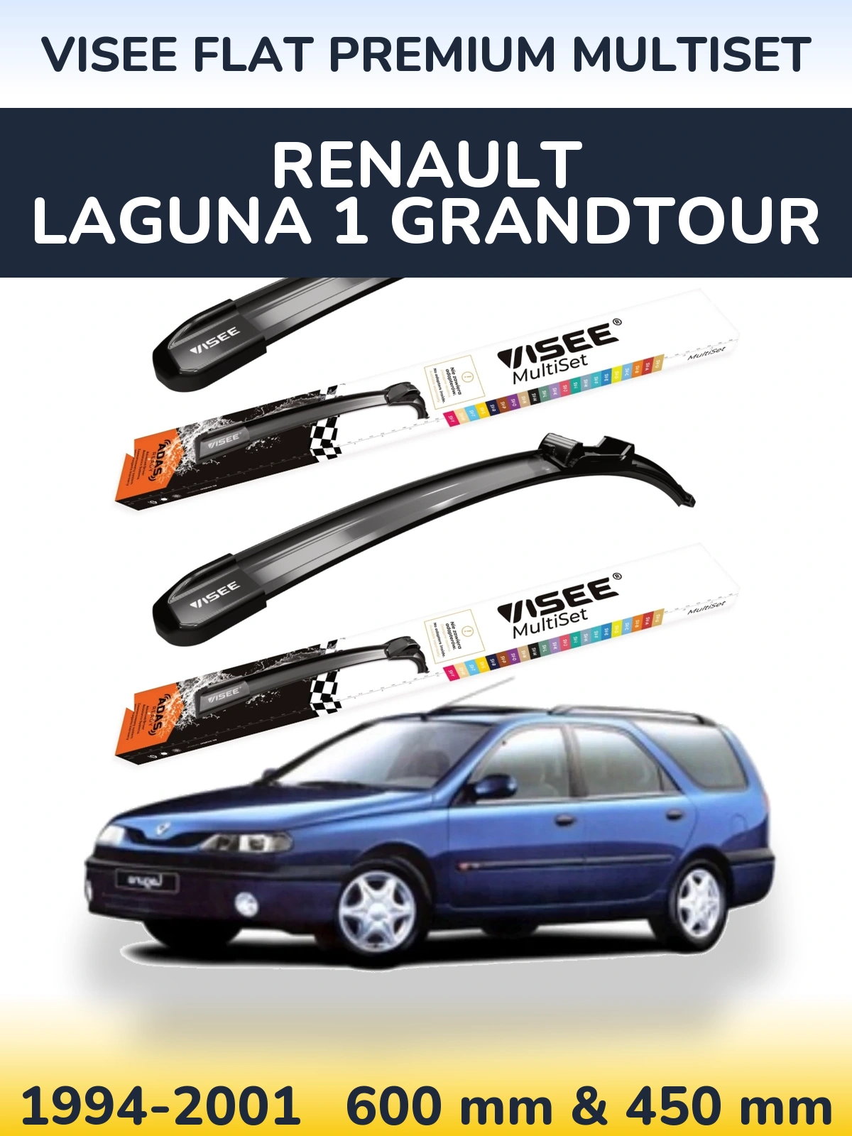 Front wiper blade set VISEE FLAT PREMIUM MultiSet 600 & 450 mm for Renault Laguna 1 Grandtour 1994-2001