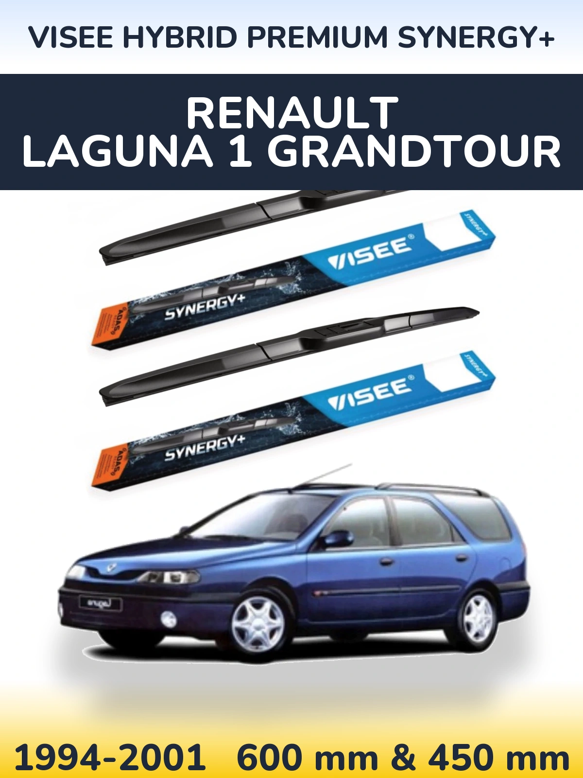 Front wiper blade set VISEE HYBRID PREMIUM SYNERGY+ 600 & 450 mm for Renault Laguna 1 Grandtour 1994-2001