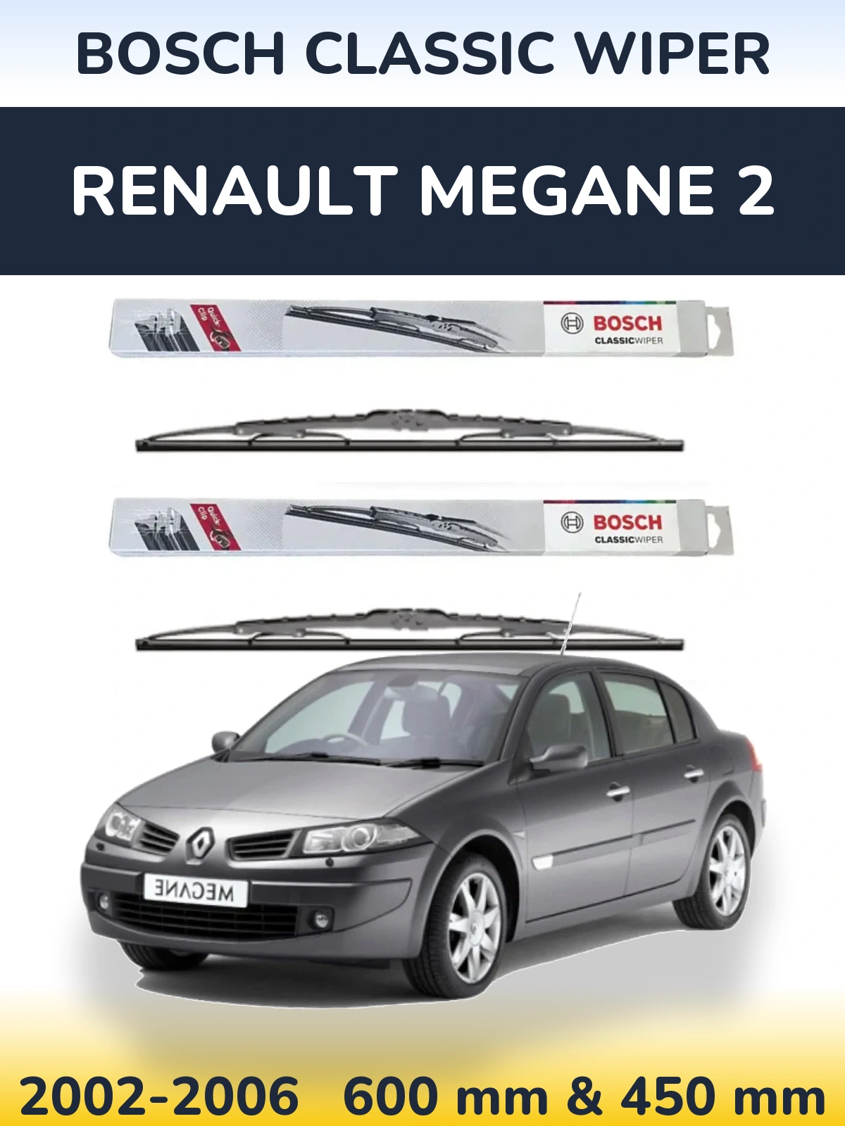 Front wiper blade set BOSCH Classic Wiper 600 & 450 mm for Renault Megane 2 2002-2006