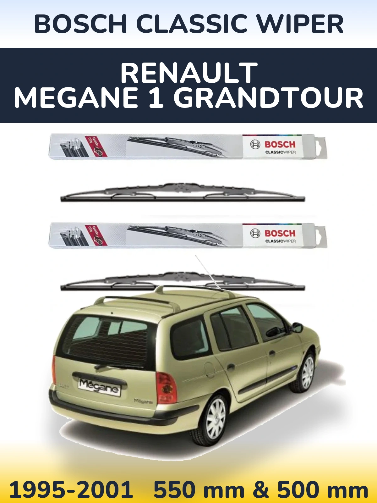 Front wiper blade set BOSCH Classic Wiper 550 & 500 mm for Renault Megane 1 Grandtour 1995-2001