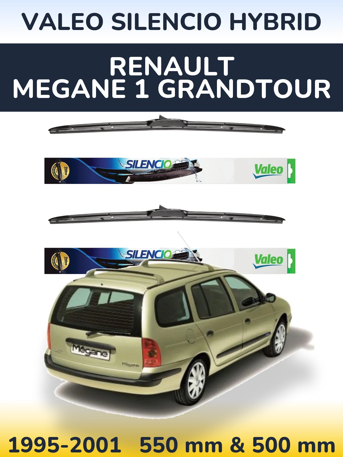 Front wiper blade set Valeo Silencio Hybrid 550 & 500 mm for Renault Megane 1 Grandtour 1995-2001