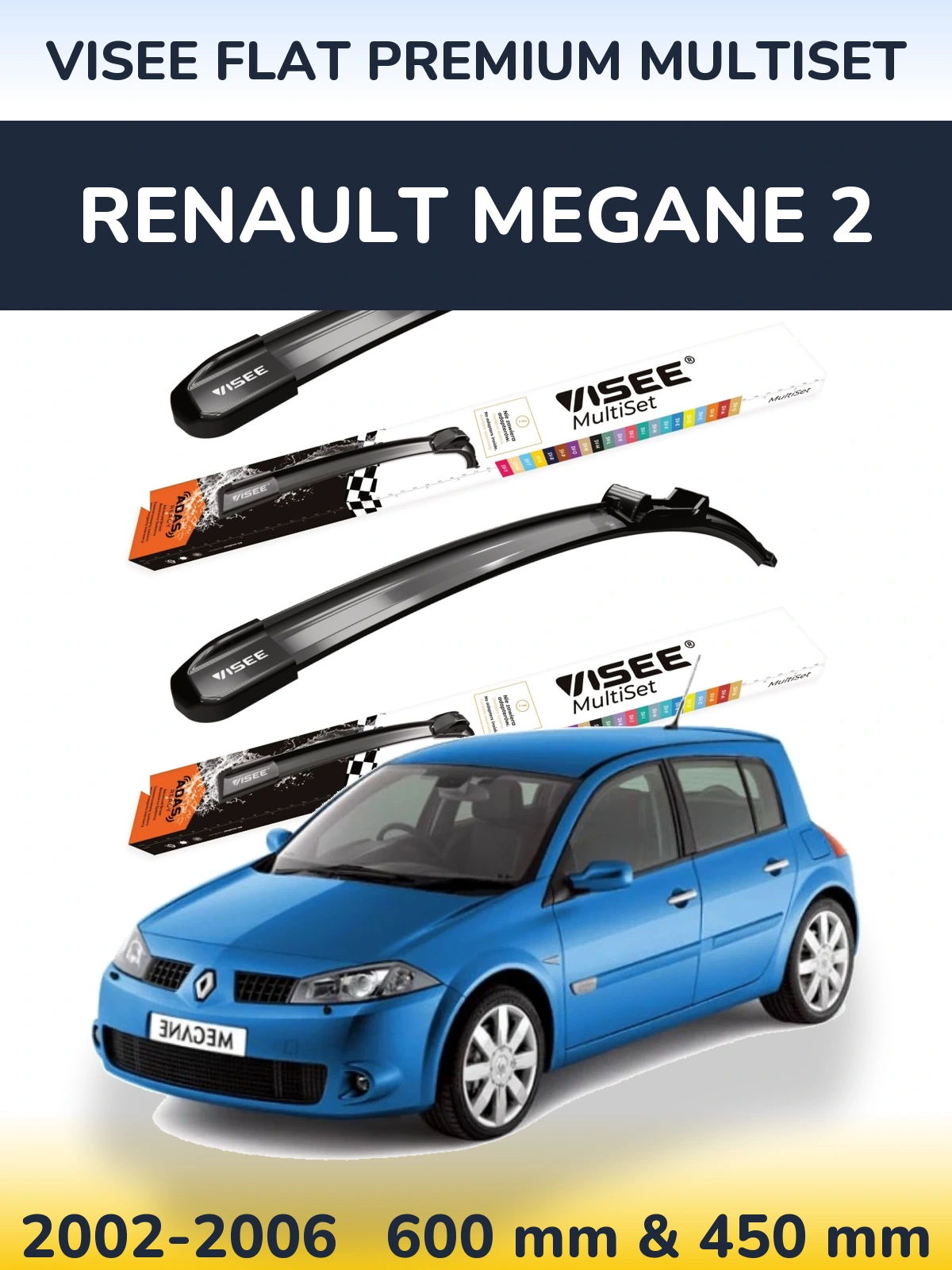 Front wiper blade set VISEE FLAT PREMIUM MultiSet 600 & 450 mm for Renault Megane 2 2002-2006