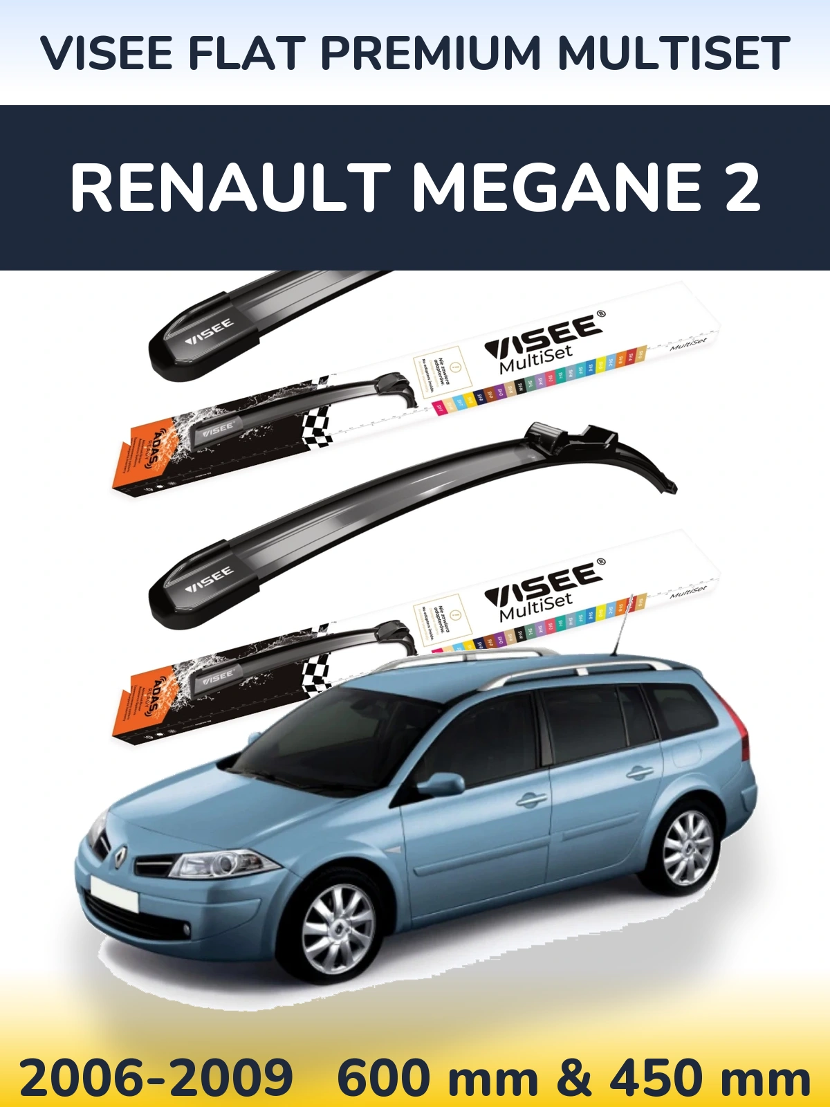 Front wiper blade set VISEE FLAT PREMIUM MultiSet 600 & 450 mm for Renault Megane 2 2006-2009