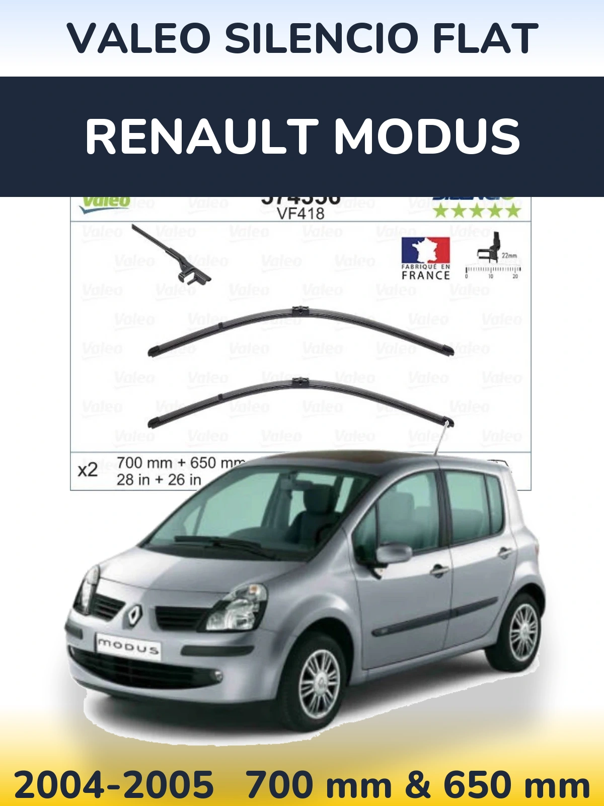 Front wiper blade set Valeo Silencio Flat 700 & 650 mm for Renault Modus 2004-2005