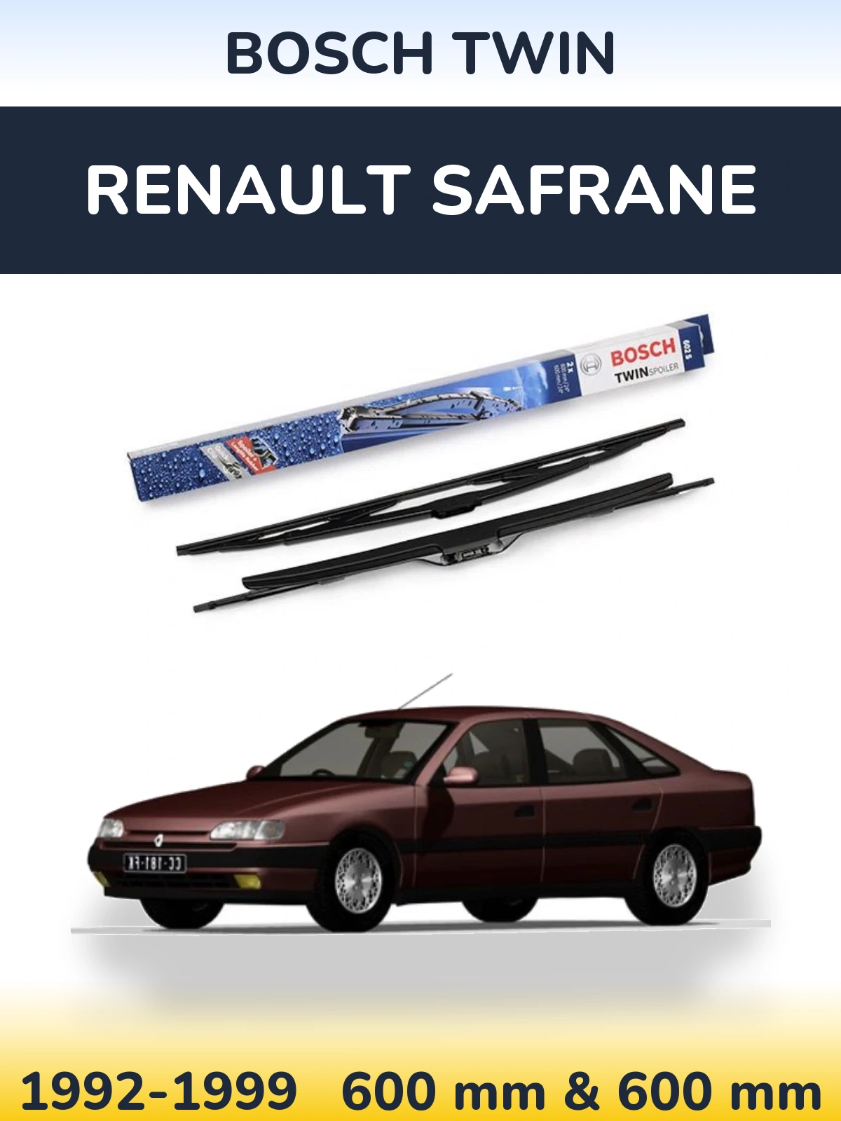 Front wiper blade set BOSCH Twin 600 & 600 mm for Renault Safrane 1992-1999