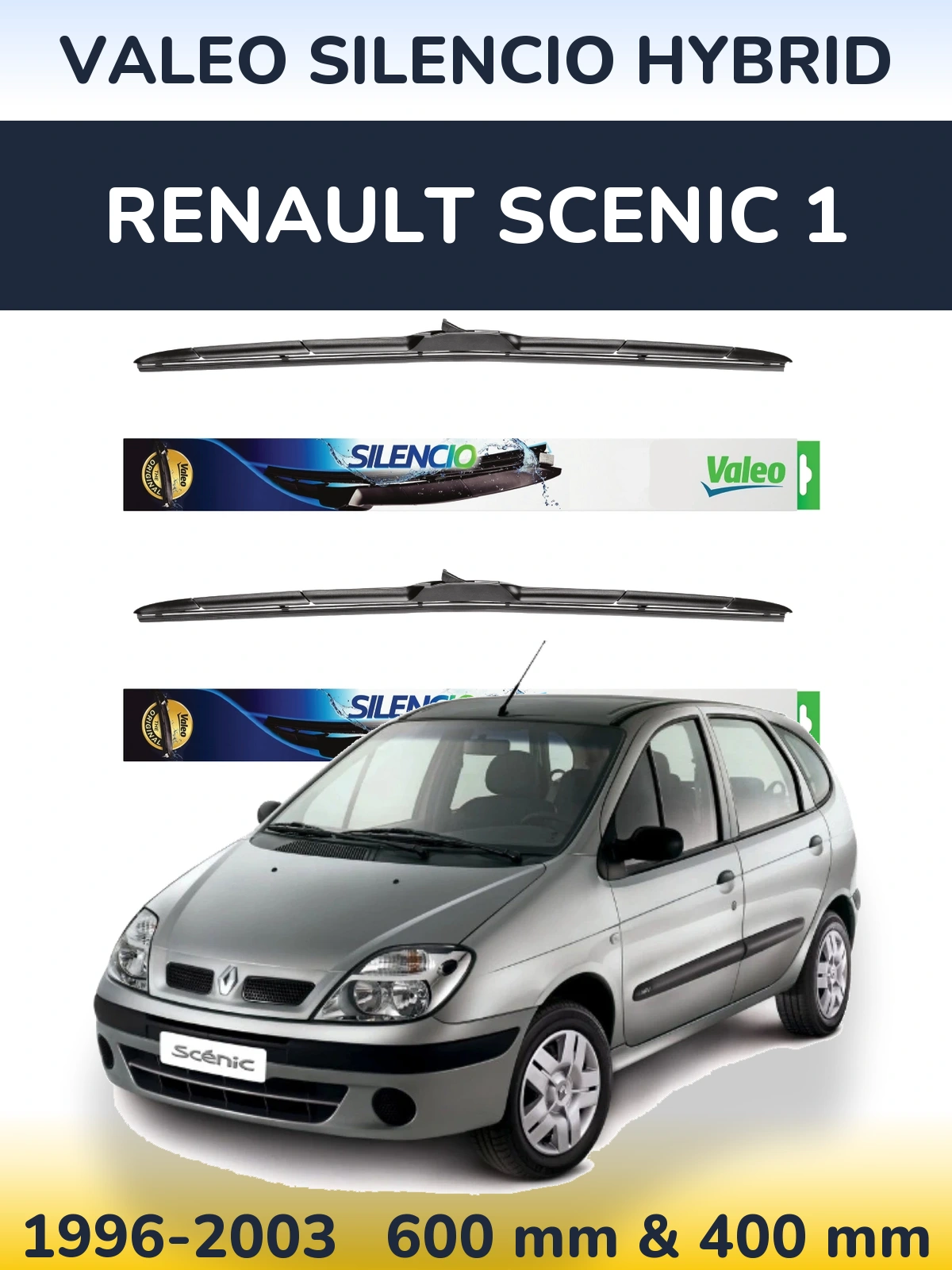 Front wiper blade set Valeo Silencio Hybrid 600 & 400 mm for Renault Scenic 1 1996-2003