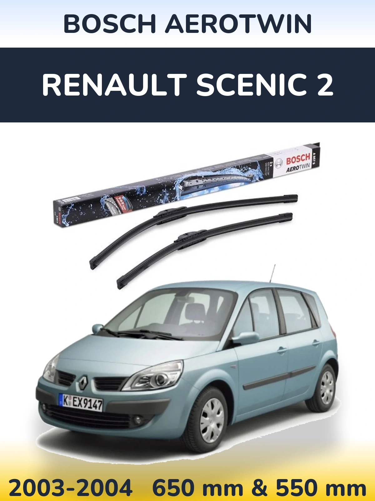 Front wiper blade set BOSCH AeroTwin 650 & 550 mm for Renault Scenic 2 2003-2004