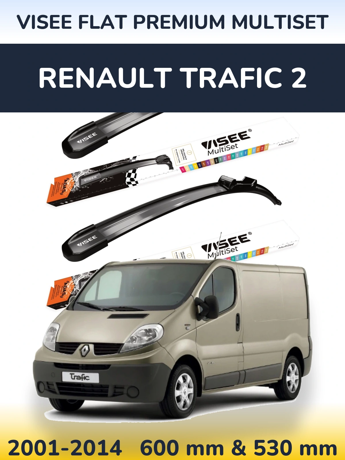 Комплект передніх щіток VISEE FLAT PREMIUM MultiSet 600 & 530 мм для Renault Trafic 2 2001-2014