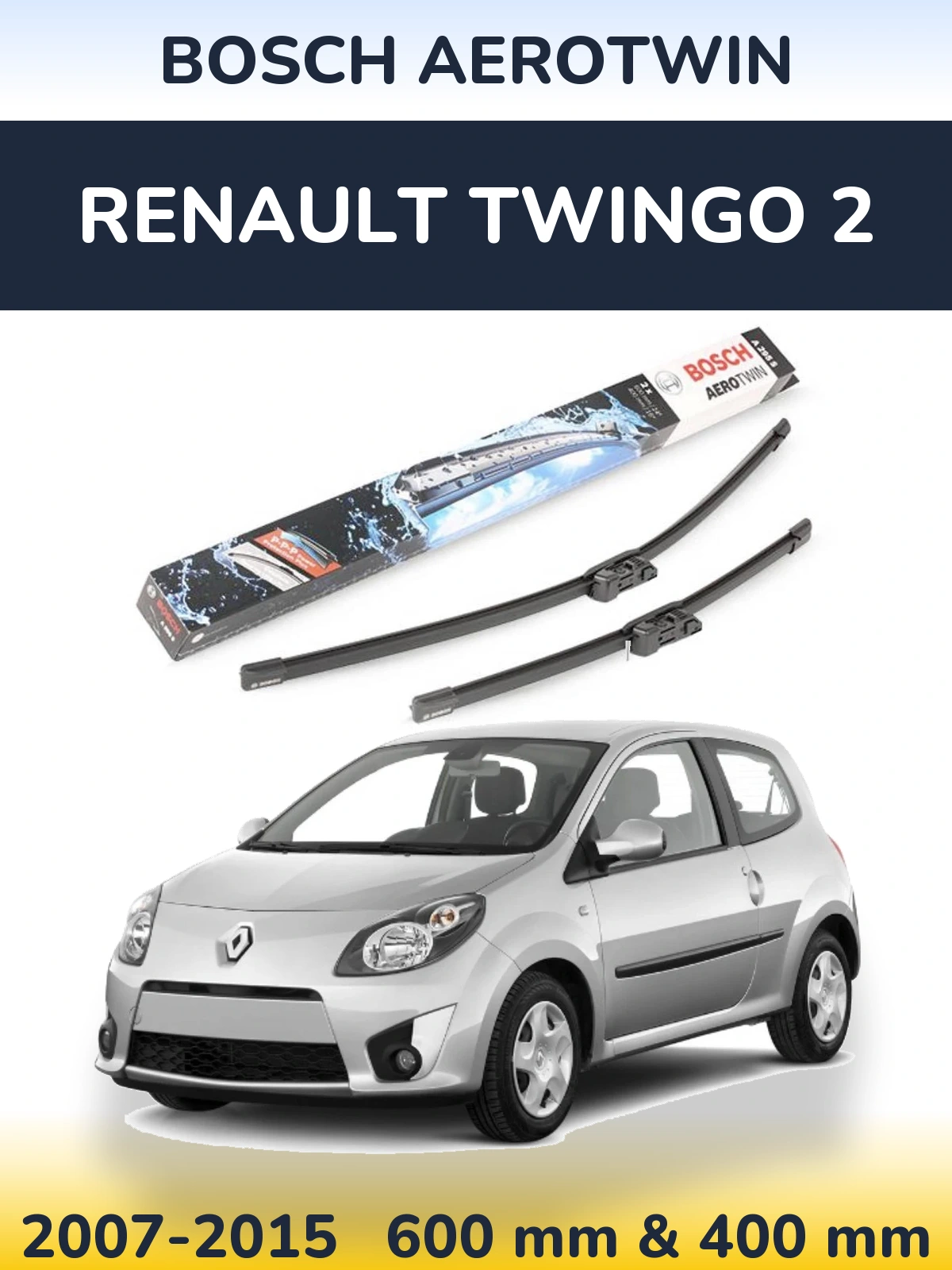Front wiper blade set BOSCH AeroTwin 600 & 400 mm for Renault Twingo 2 2007-2015