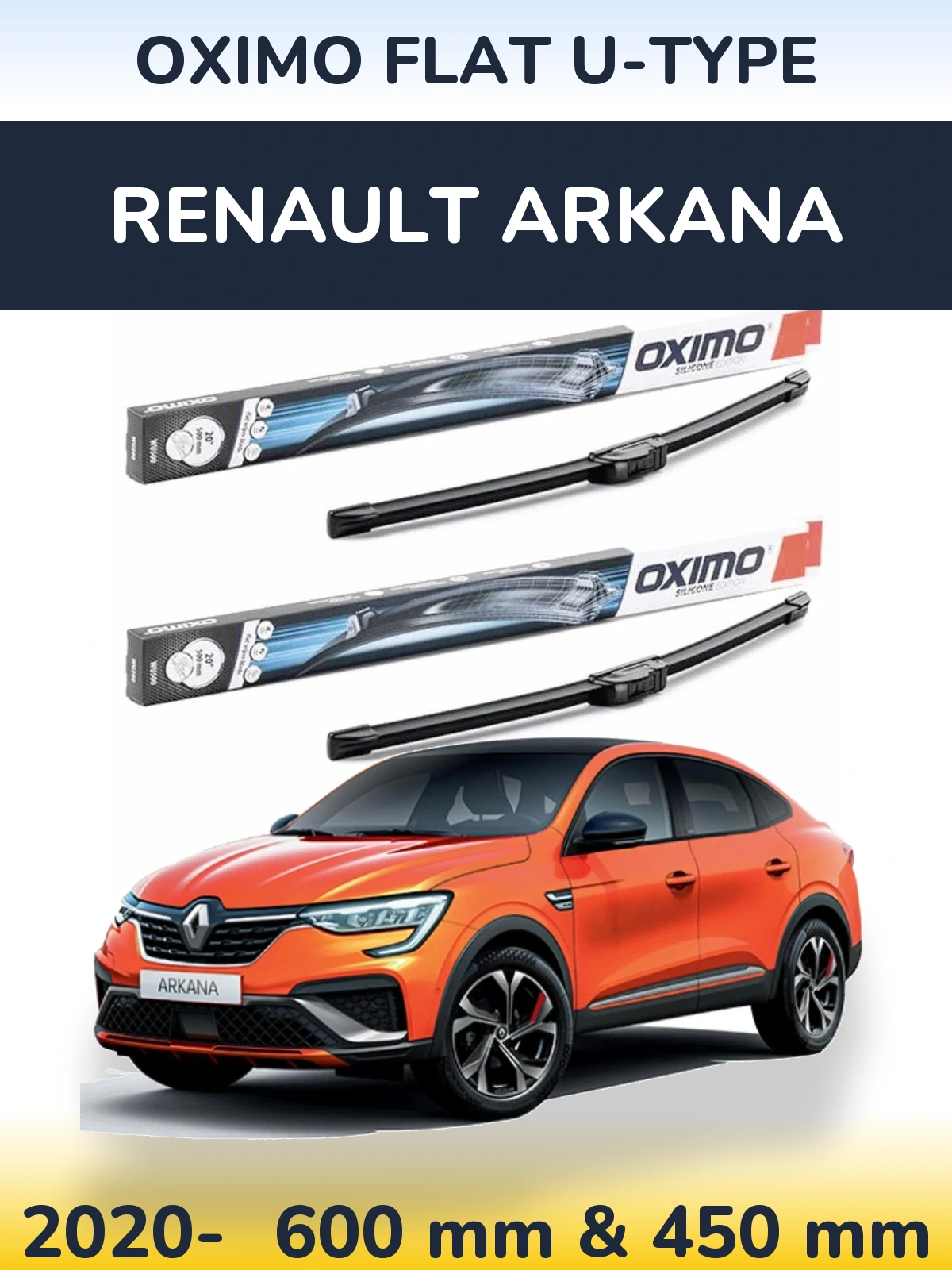 Комплект передних дворников Oximo Flat U-type 600 & 450 мм для Renault Arkana 2020-2026