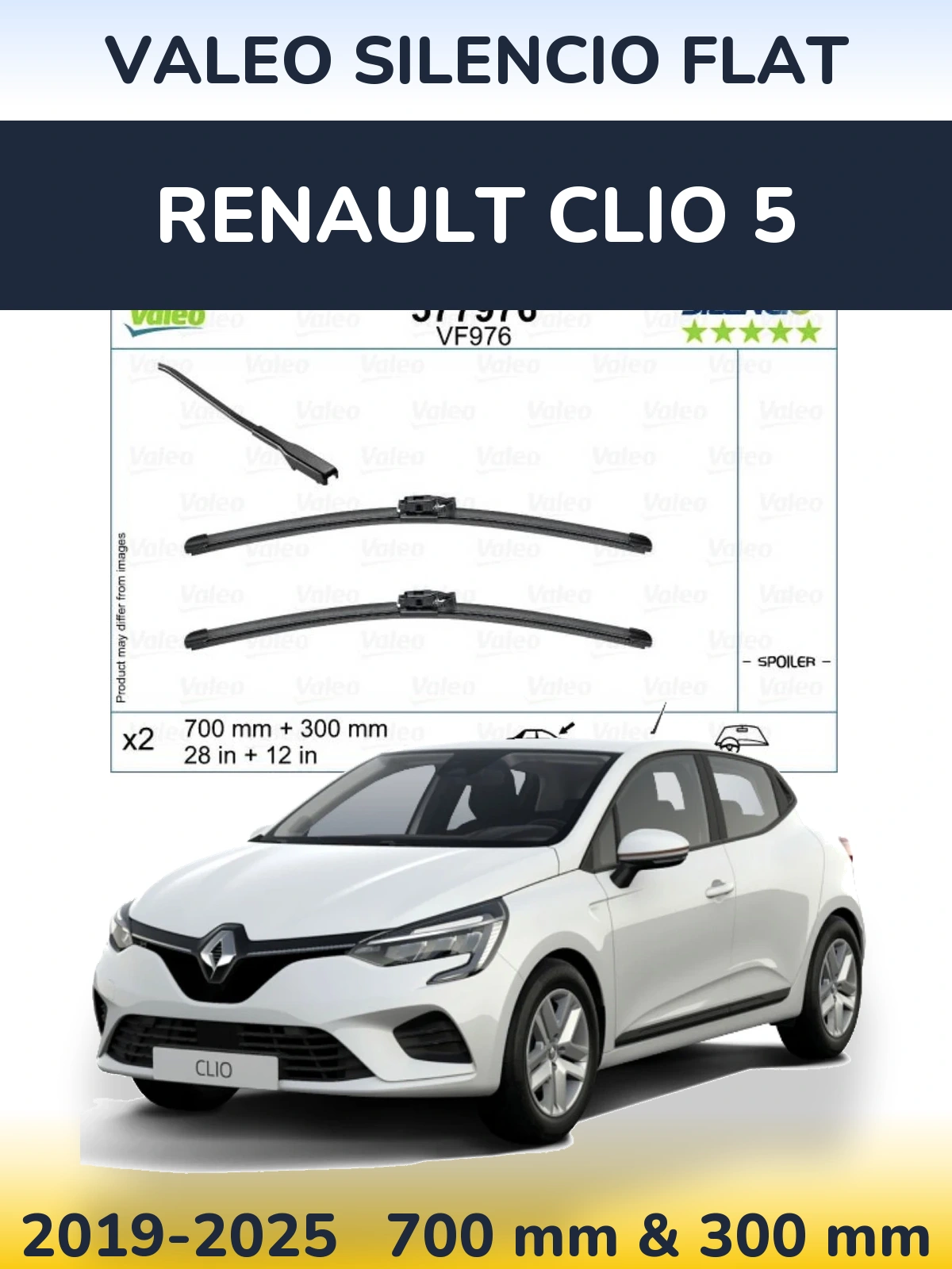 Front wiper blade set Valeo Silencio Flat 700 & 300 mm for Renault Clio 5 2019-2025