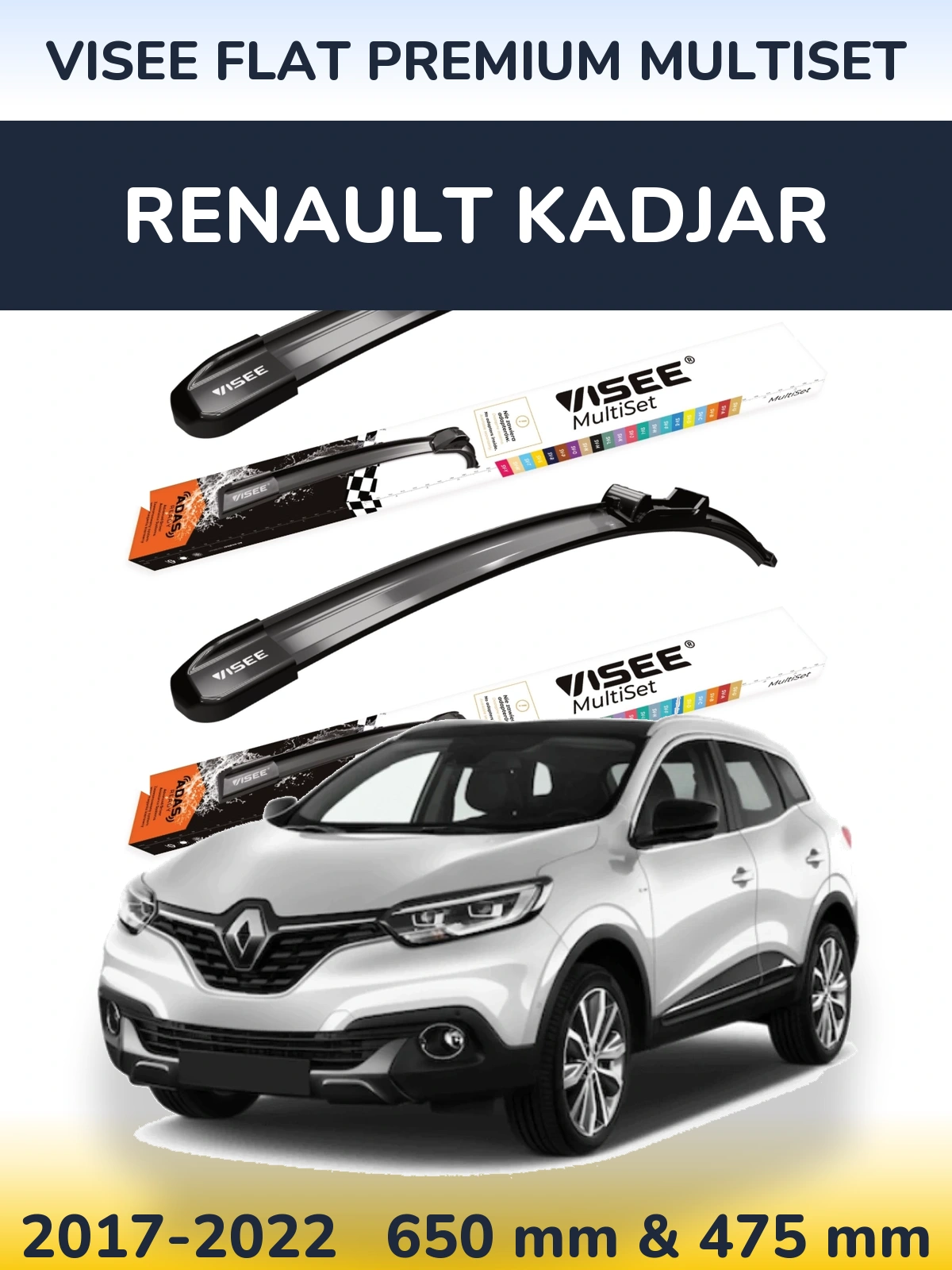 Front wiper blade set VISEE FLAT PREMIUM MultiSet 650 & 475 mm for Renault Kadjar 2017-2022