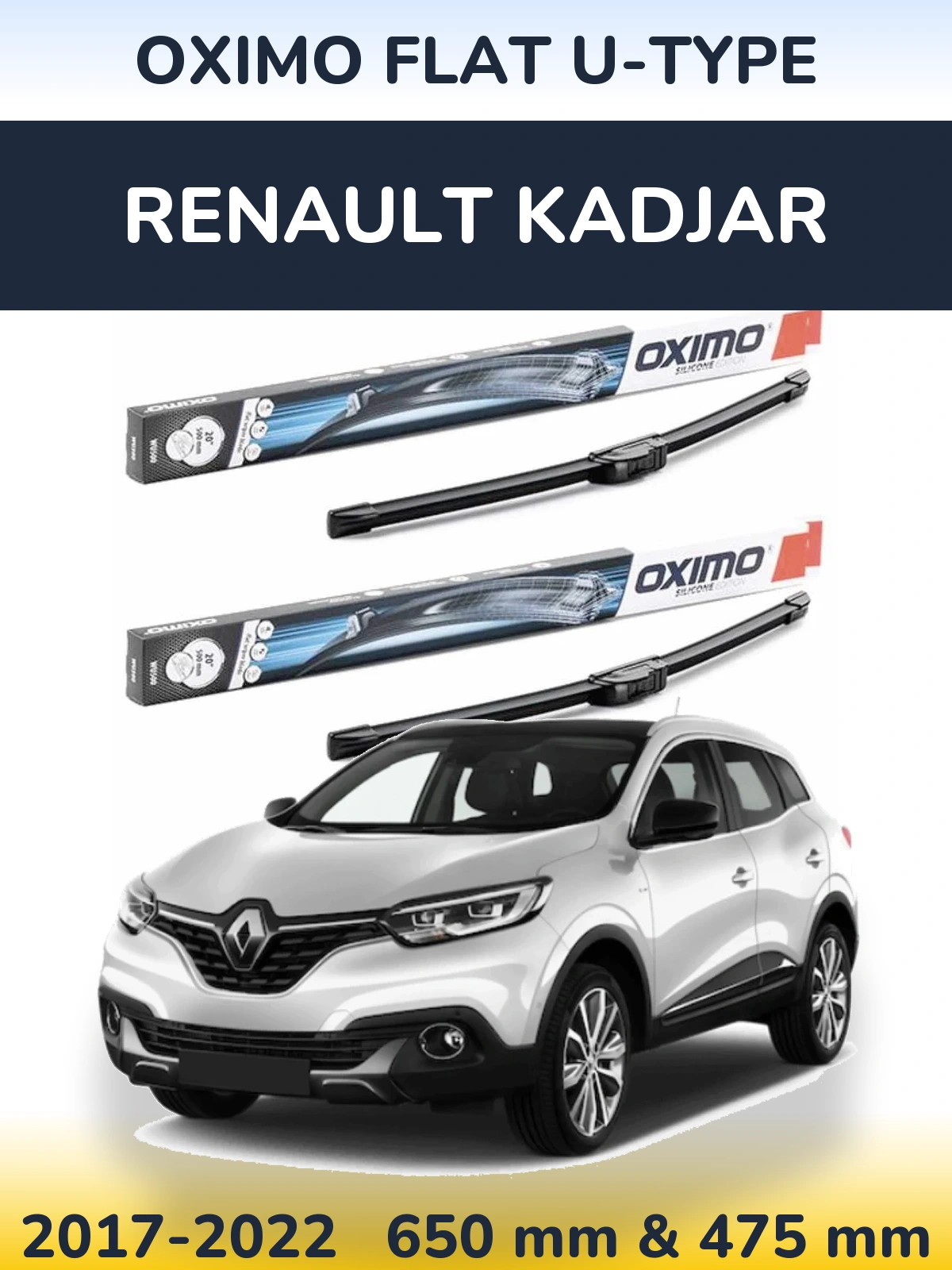 Комплект передних дворников Oximo Flat U-type 650 & 475 мм для Renault Kadjar 2017-2022