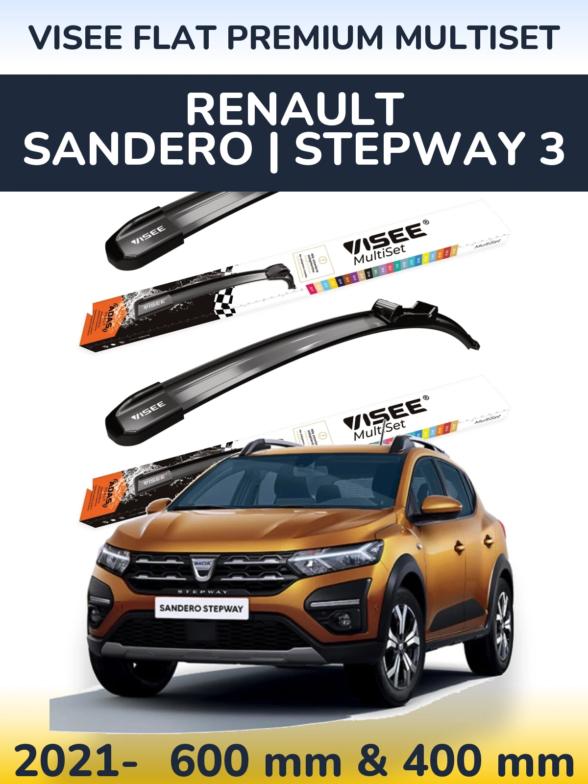 Front wiper blade set VISEE FLAT PREMIUM MultiSet 600 & 400 mm for Renault Sandero | Stepway 3 2021-2026