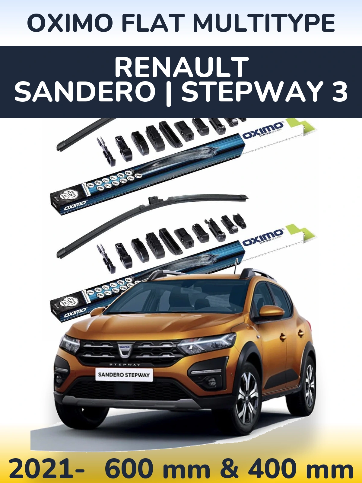 Комплект передних дворников Oximo Flat MultiТипe 600 & 400 мм для Renault Sandero | Stepway 3 2021-2026